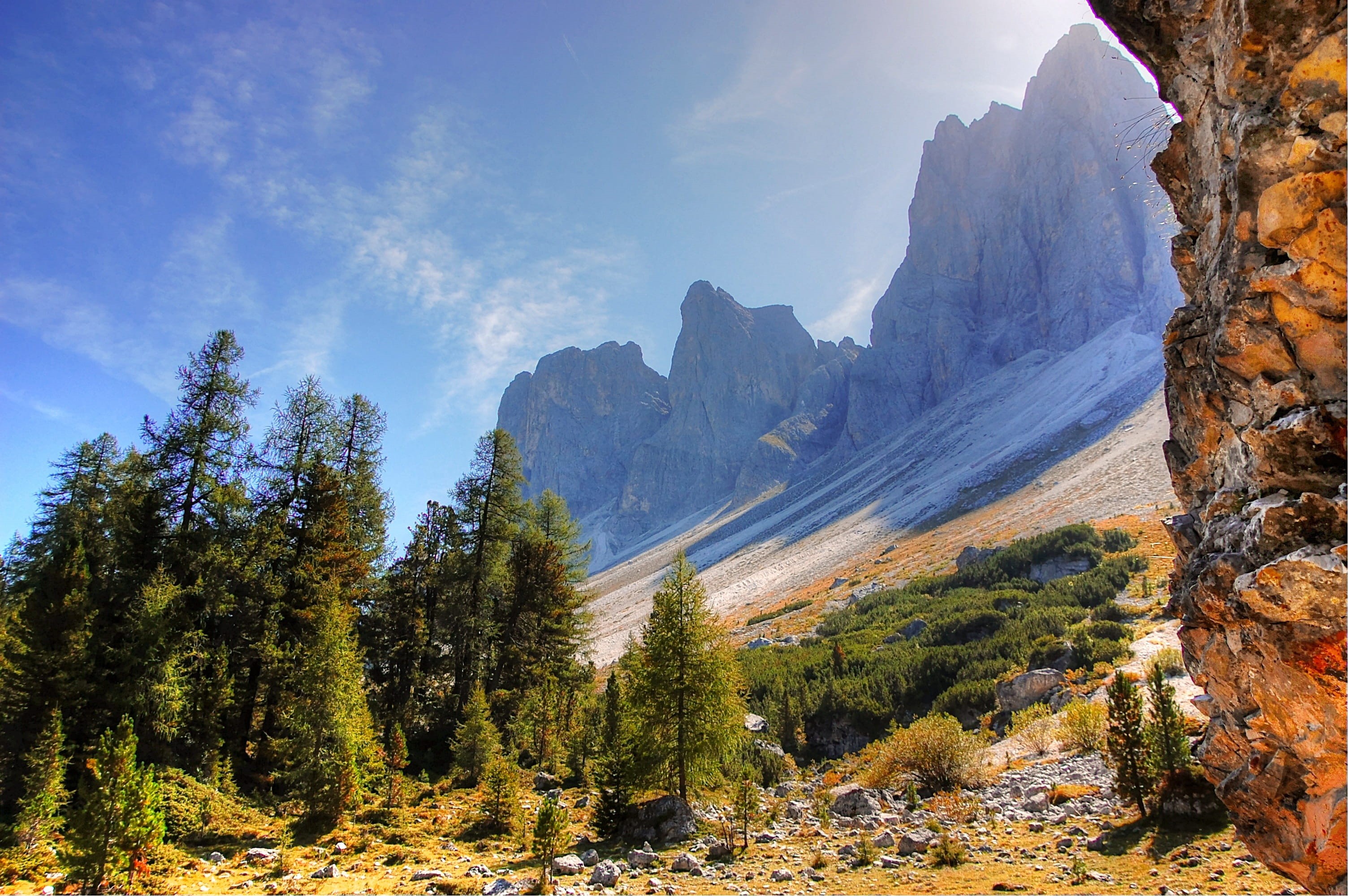 nature, cloud - sky, tranquility, dolomites, outdoors, hiking, vacations, italy, summer, day, natural, alpine, pine woodland, coniferous tree, formation, HD Wallpaper