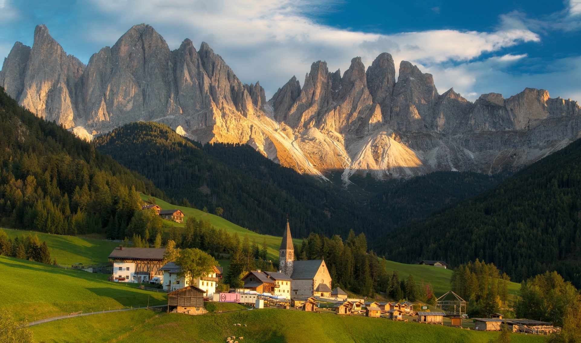 1080P, forest, mountains, Santa Maddalena, the sun, Italy, Church, HD Wallpaper