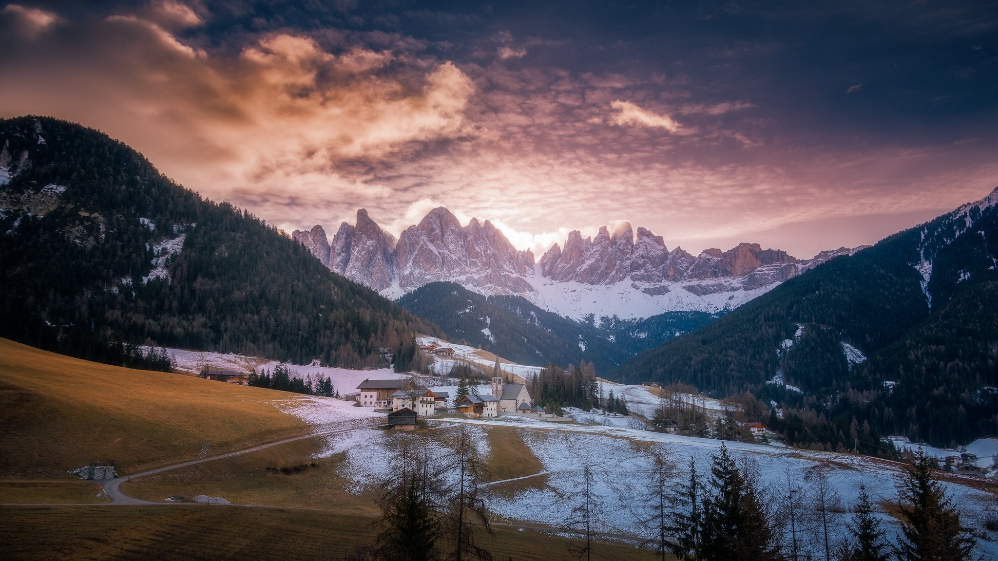 Santa Maddalena, Church, winter, forest, the sky, 1080P, meadow, Italy, mountains, HD Wallpaper