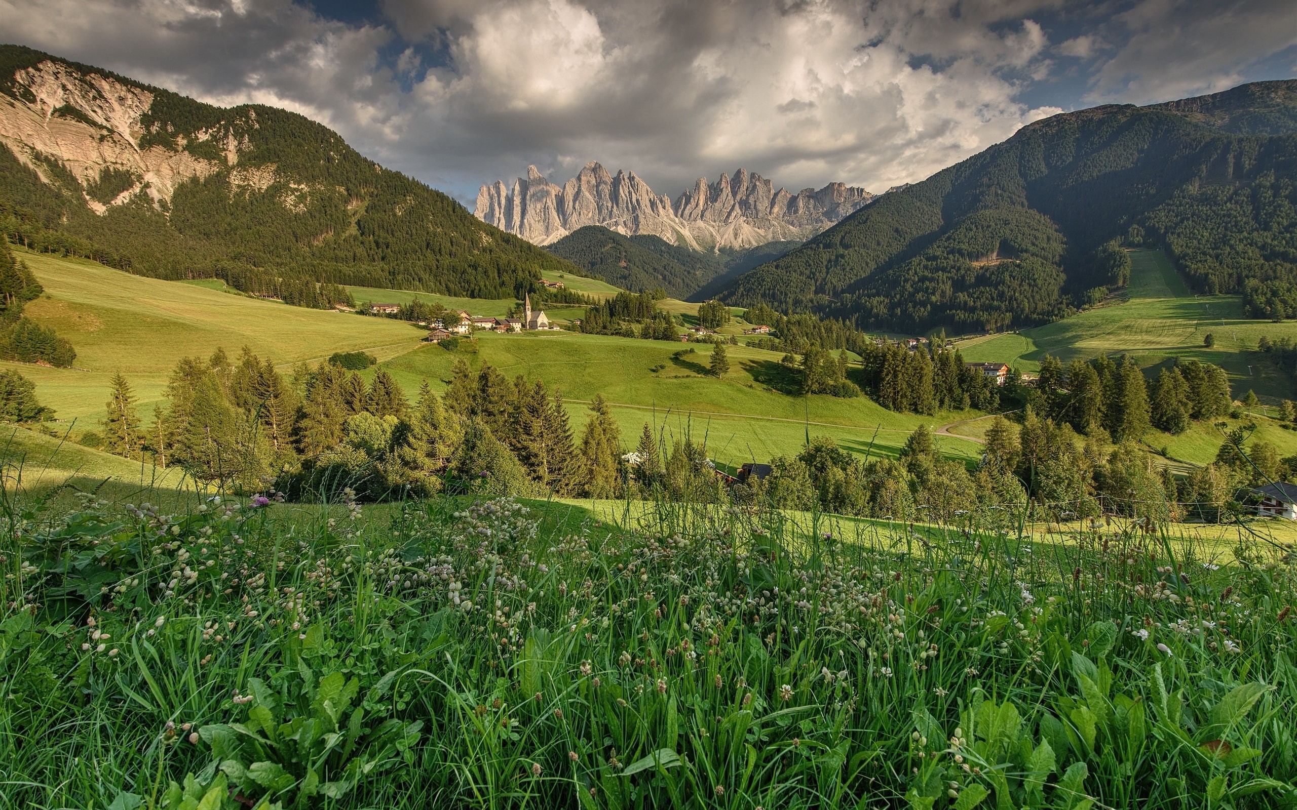 Houses, Santa, Trees, Mountains, Dolomites, Magdalena, Fields, 2K, Italy, HD Wallpaper