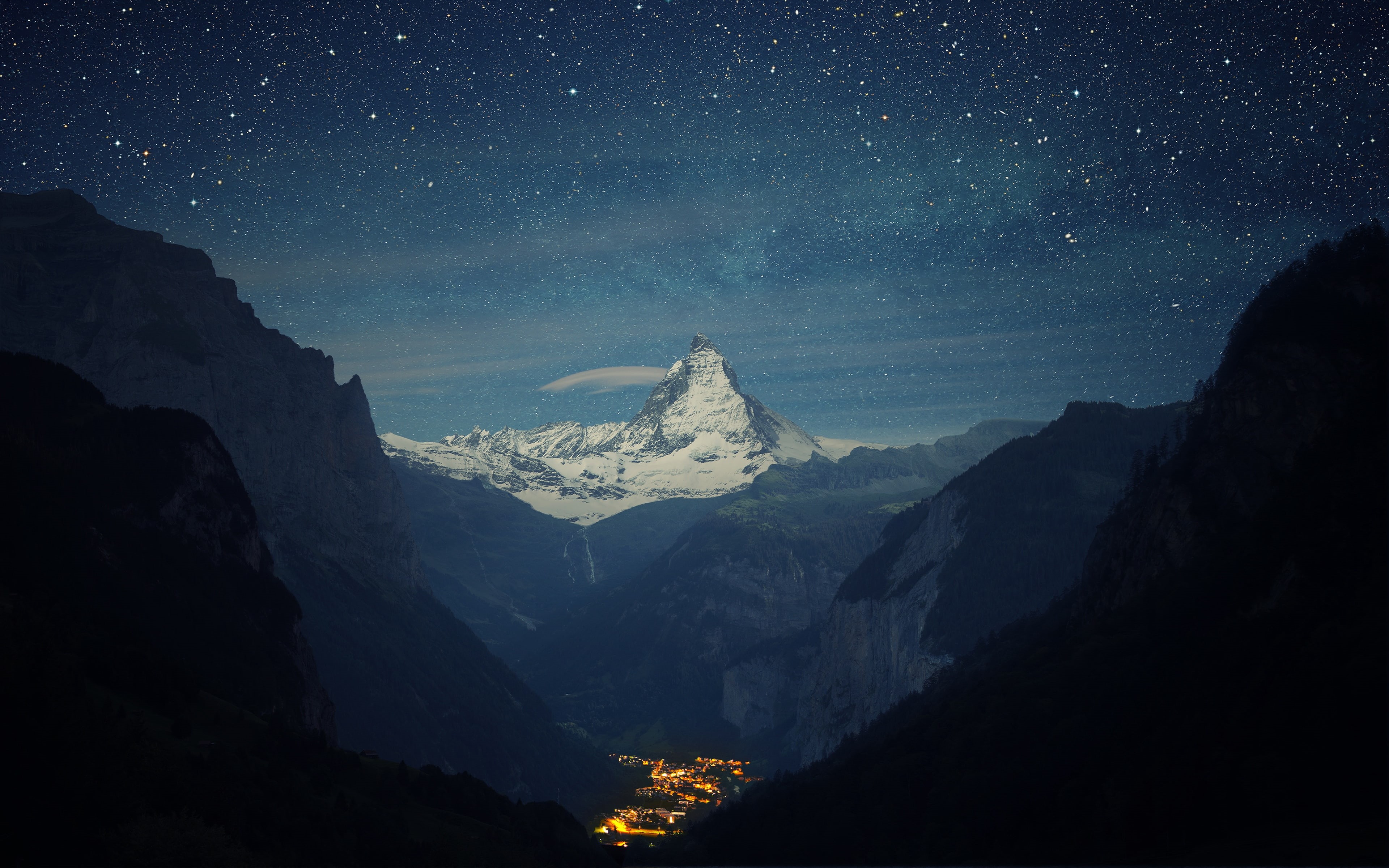 mountains, switzerland, night, beautiful landscape, 4K, alps, HD Wallpaper