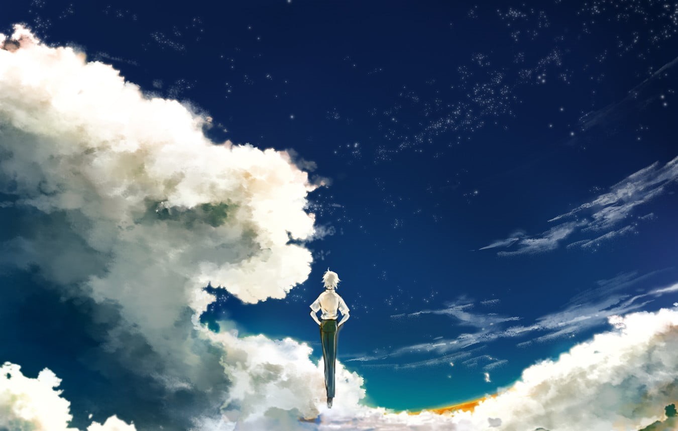 statue, flying, landscape, beauty in nature, art and craft, white color, low angle view, day, short hair, no people, Kaworu Nagisa, sky, white hair, anime, HD Wallpaper