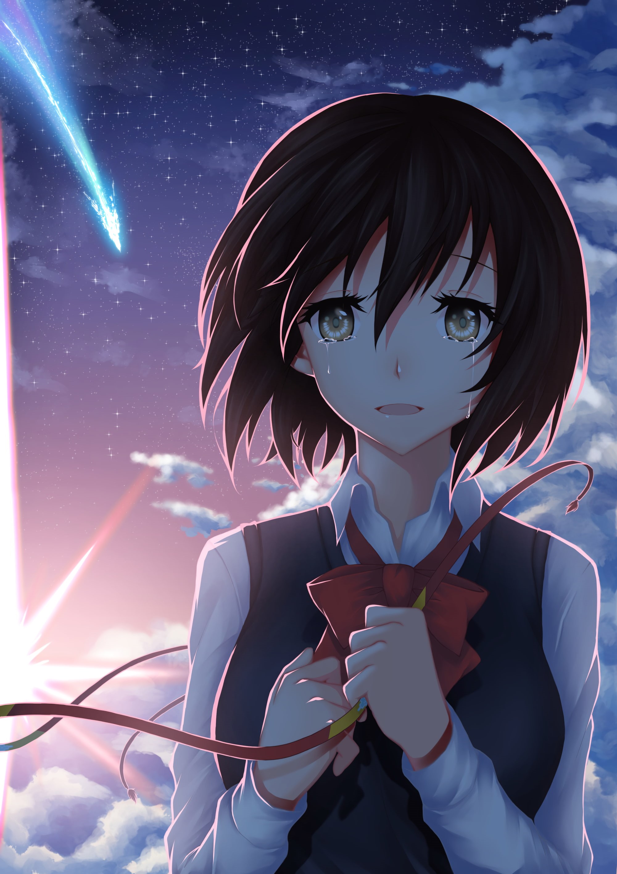 holding, short hair, Miyamizu Mitsuha, stars, yellow eyes, digital composite, portrait, wireless technology, anime, night, anime girls, star - space, clouds, Phone HD Wallpaper