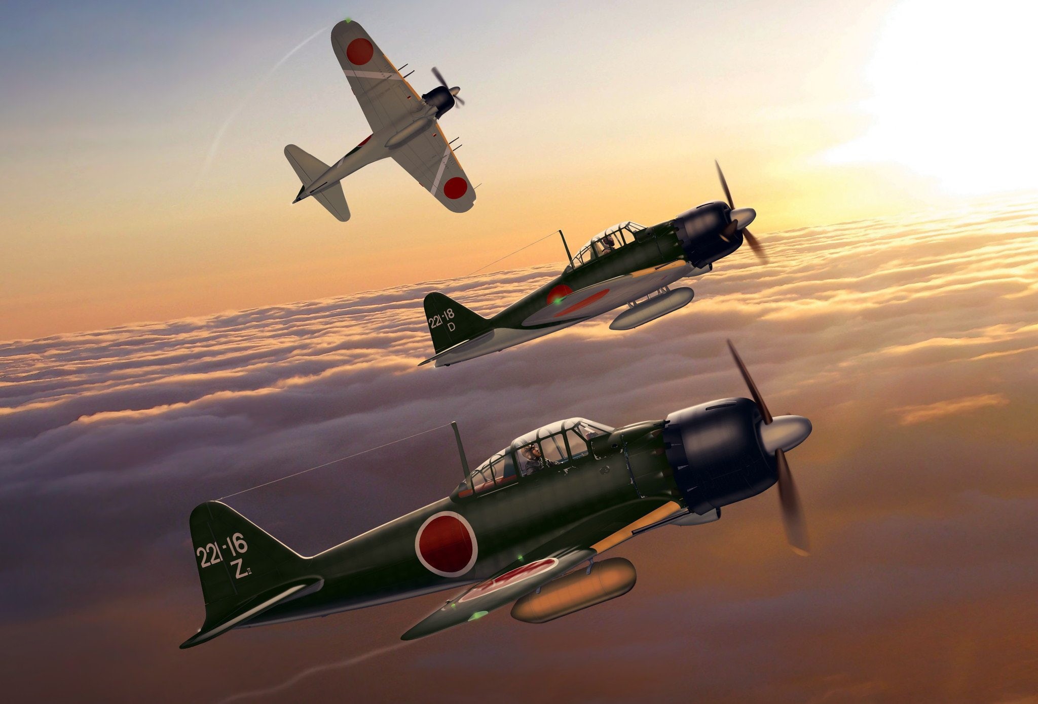 Japan, Mitsubishi, fighter-interceptor, The Navy of Imperial Japan, art, WW2, 1080P, A6M5 Zero, HD Wallpaper