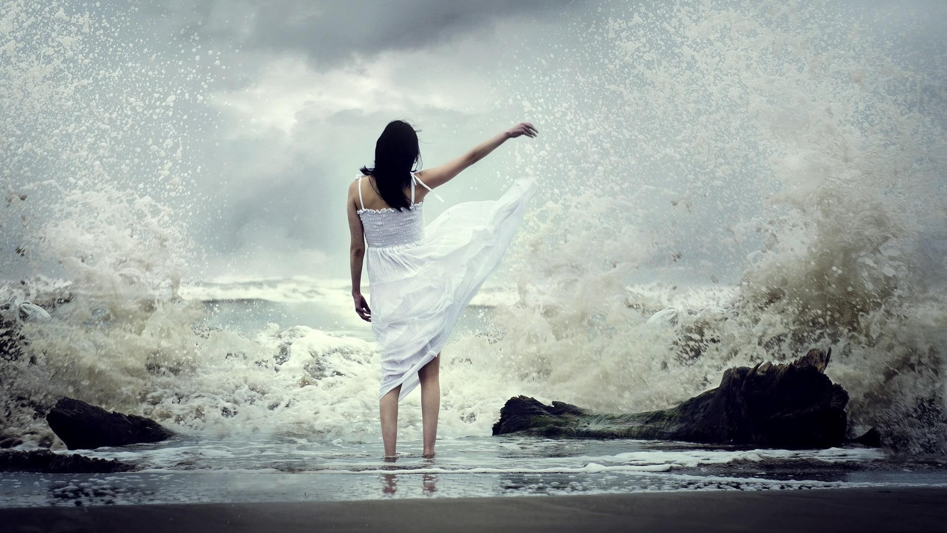 1080P, back, girl, waves, beautiful, white skirt, white, mood, beautiful mood, skirt, beach, HD Wallpaper
