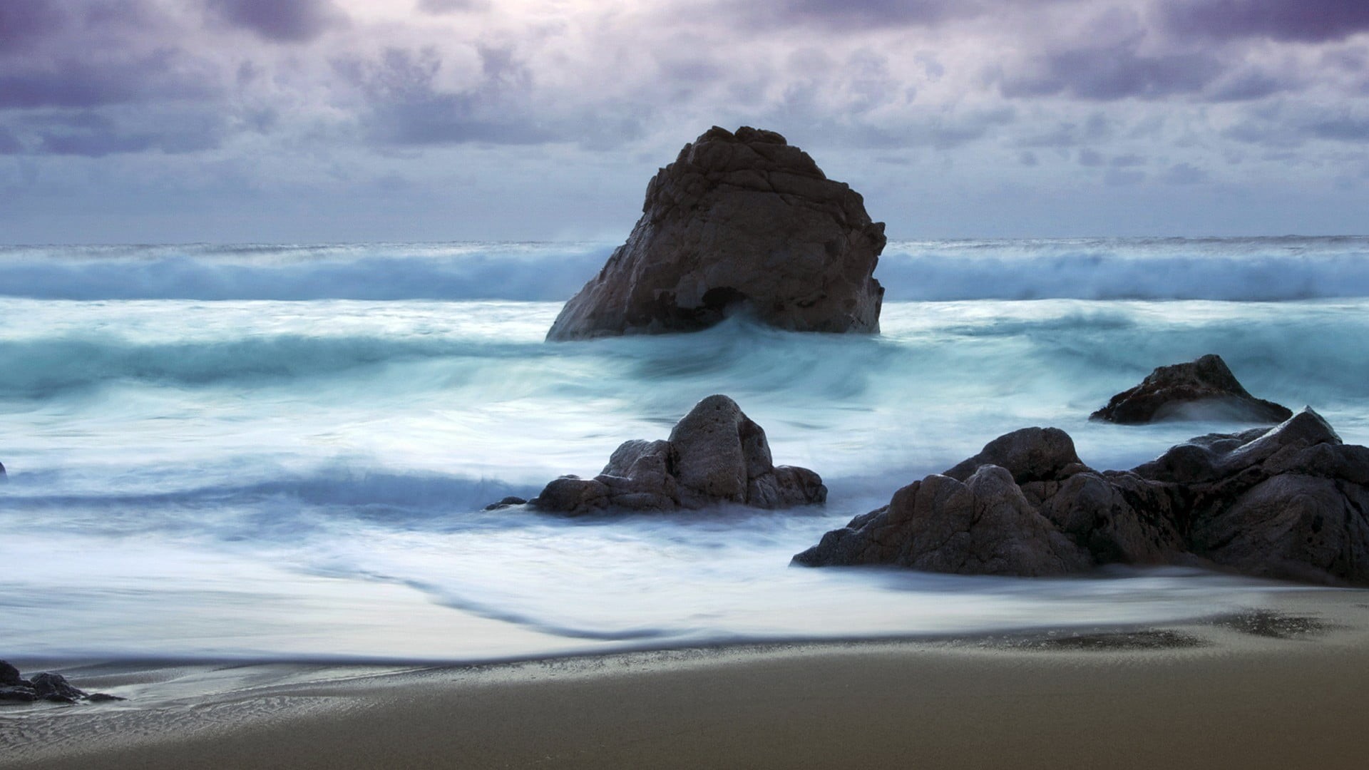 rock, scenics - nature, rock - object, 1080P, wave, land, black, rock formation, motion, horizon over water, sky, cloud - sky, waves, stack rock, sea, HD Wallpaper