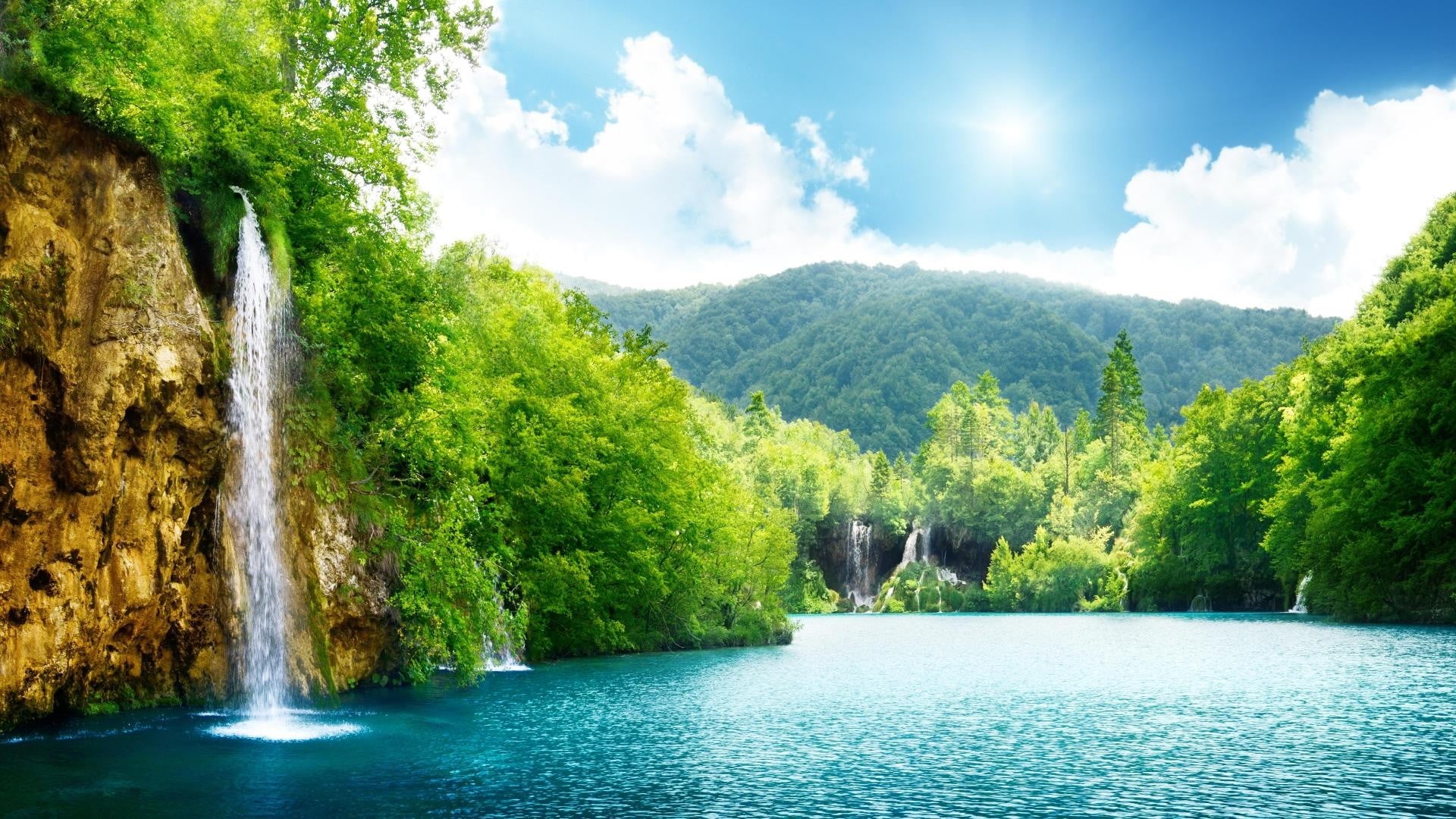 no people, trees, tree, mountain, flowing water, landscape, flowing, tranquil scene, cloud - sky, scenics - nature, day, forest, land, waterfront, tranquility, HD Wallpaper