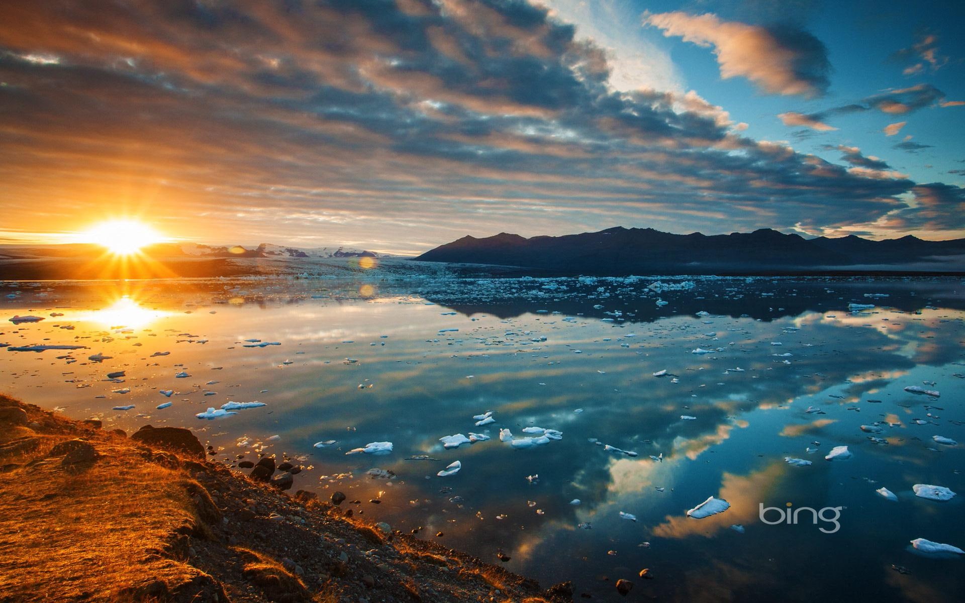 sunrise - sunset, lagoon, ekyulsaurloun, mountains, 1080P, desktop, iceland, lake, background, images, sunset, HD Wallpaper