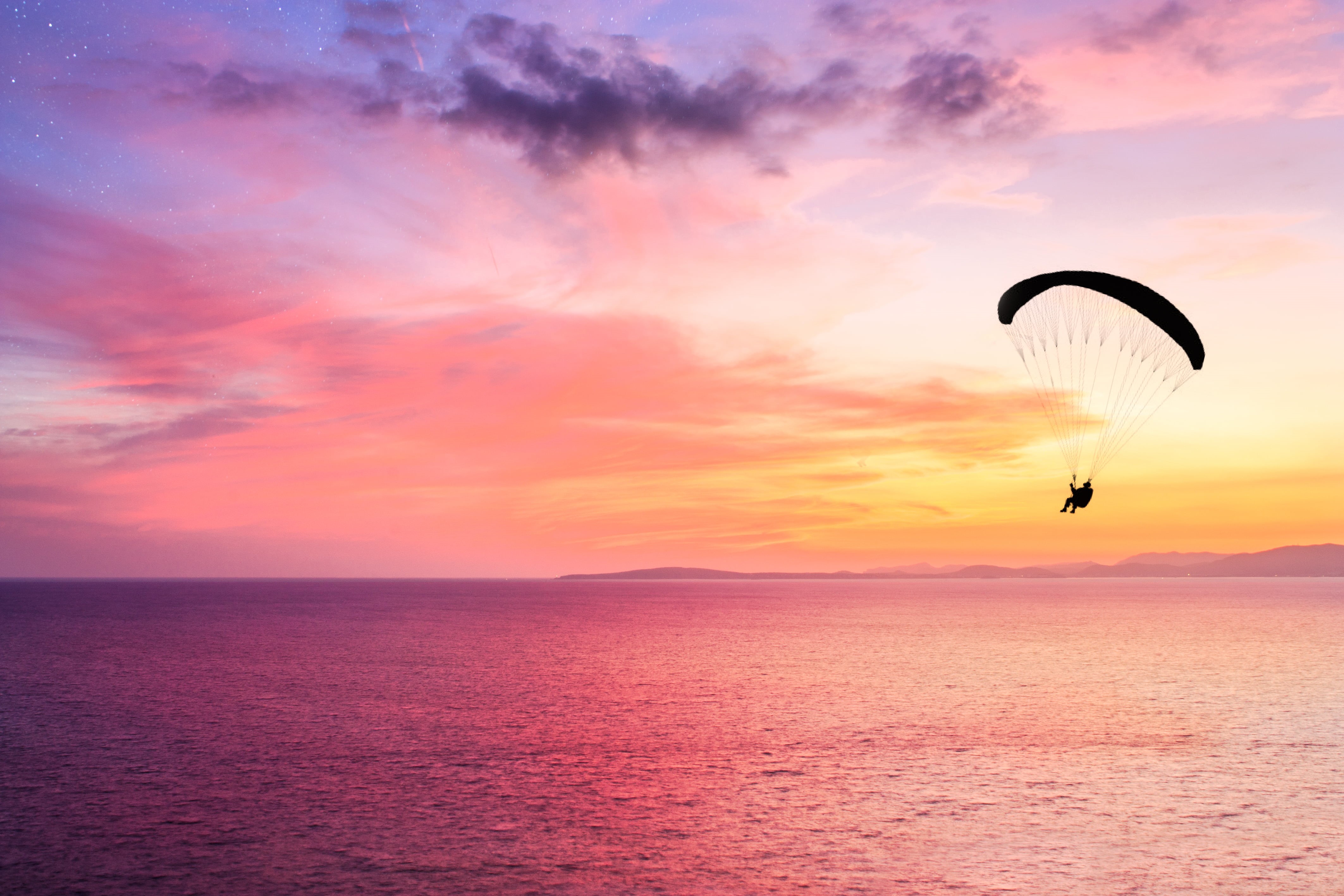 orange, orange sky, flying, blue, Mallorca, action, adventure, extreme Sports, paragliding, sky, sport, Sunset, outdoors, Majorca, man, summer, sea, Canon 450D, HD Wallpaper