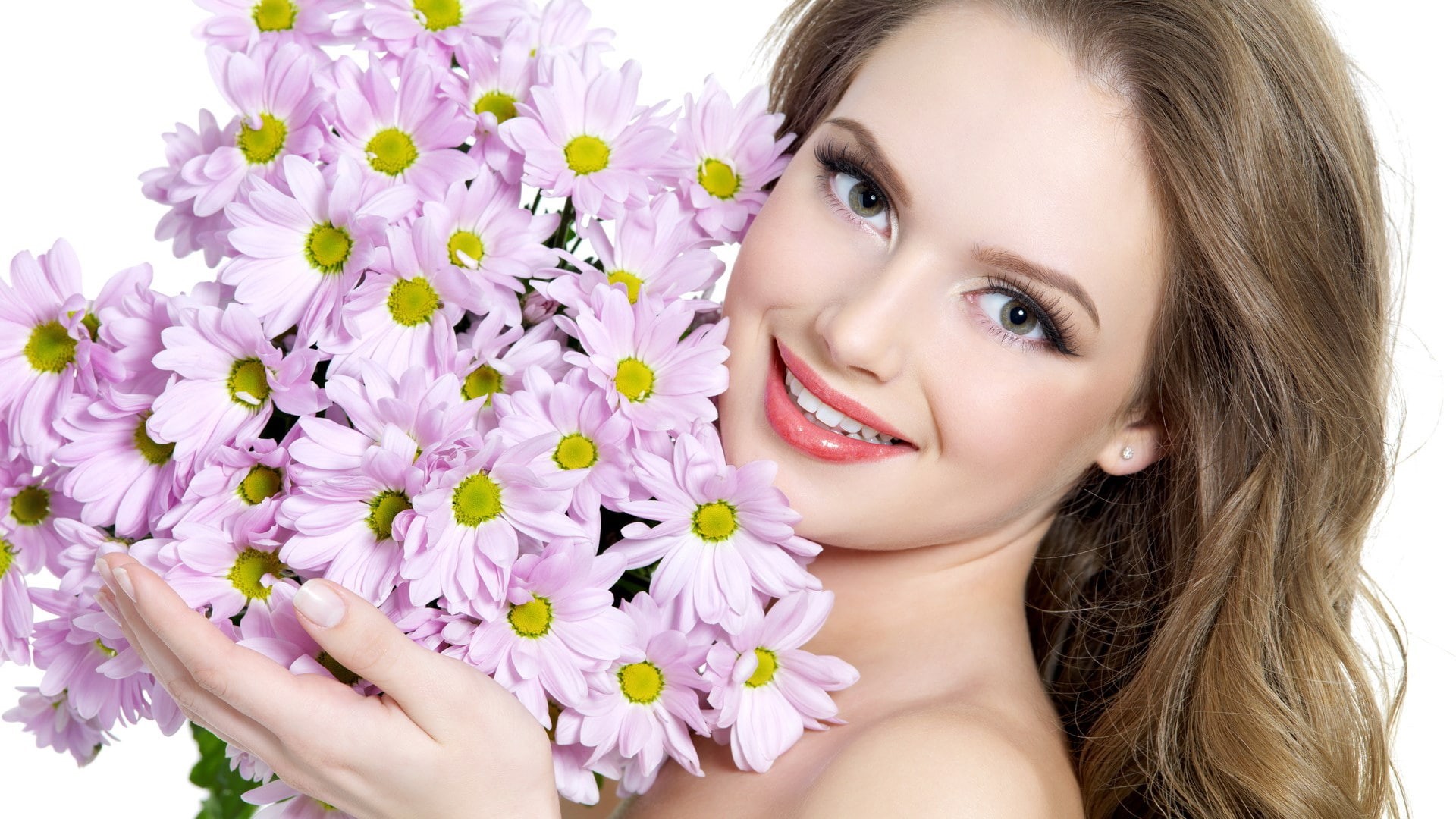 beautiful woman image  1920x1080, human face, young adult, happiness, cheerful, flowering plant, plant, women, looking at camera, smiling, studio shot, HD Wallpaper