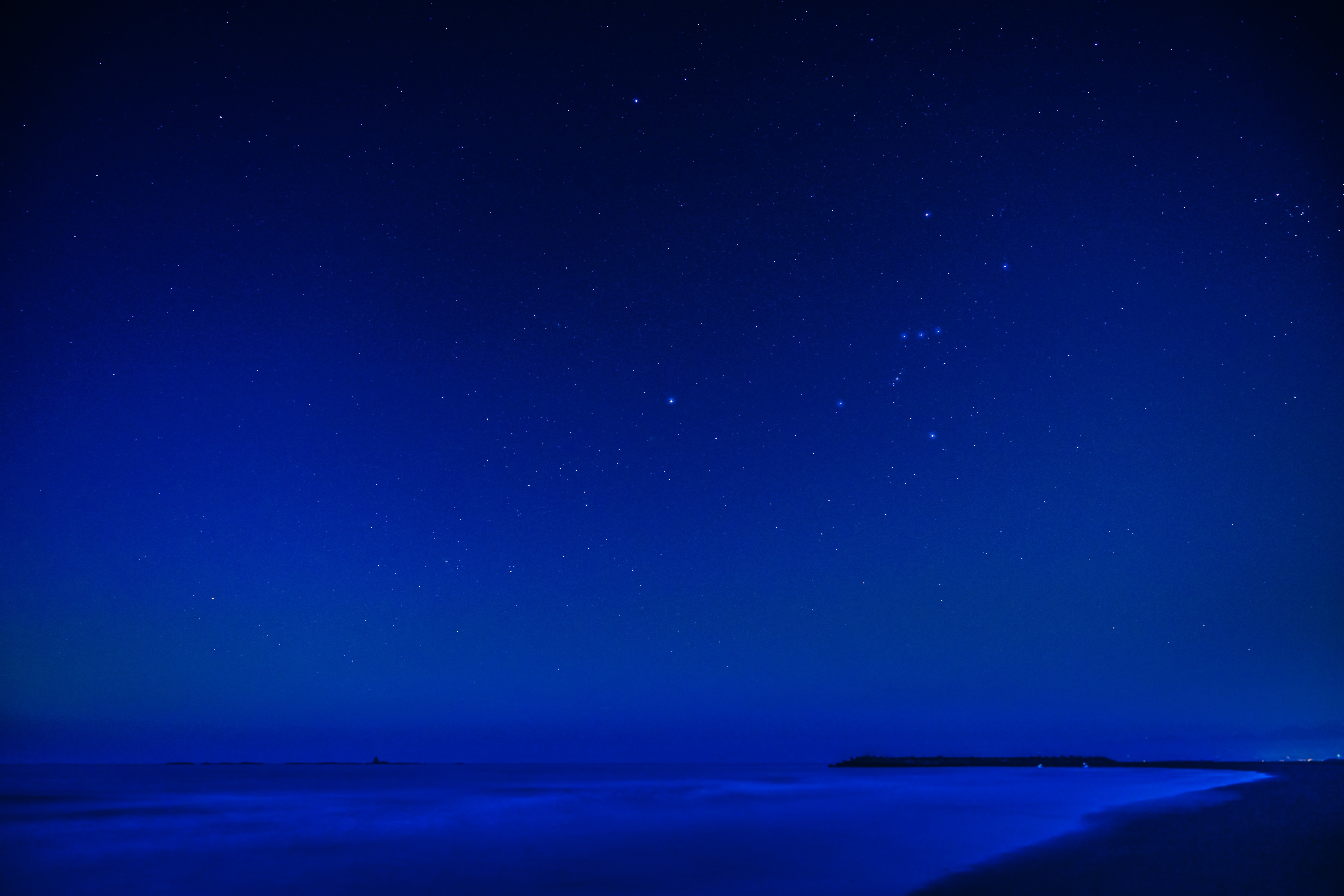 astronomy, blue sky, ZA, Orion, night, Stars, landscape, blue, milky Way, WInter Triangle, ILCE-7M2, nebula, nature, Headland, Kanagawa, Japan, seascape, HD Wallpaper