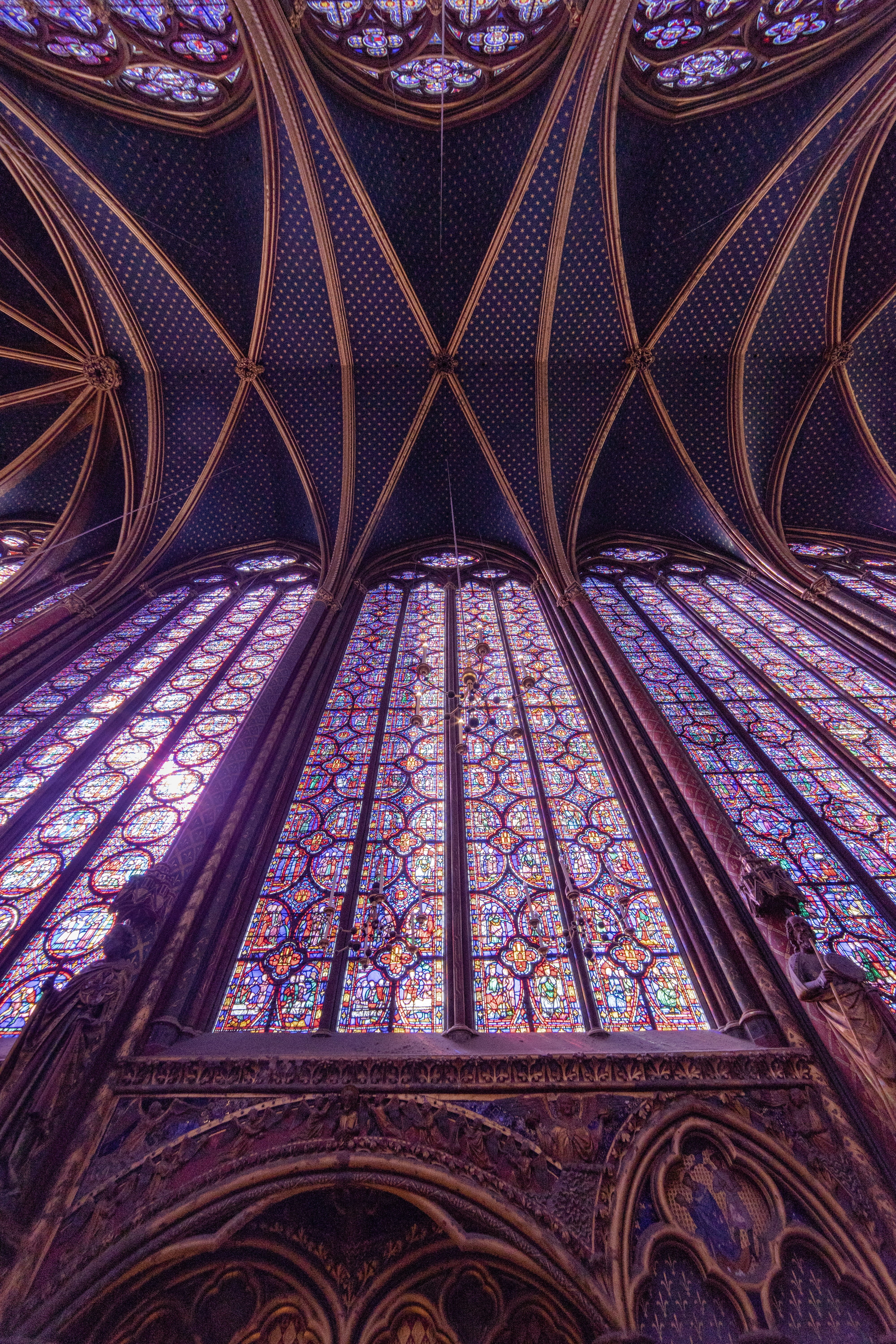 14mm, ilce-7m2, ceiling, building, low angle view, day, stained glass, saint-chapelle, directly below, stained glass windows, spirituality, super wide angle, Phone HD Wallpaper