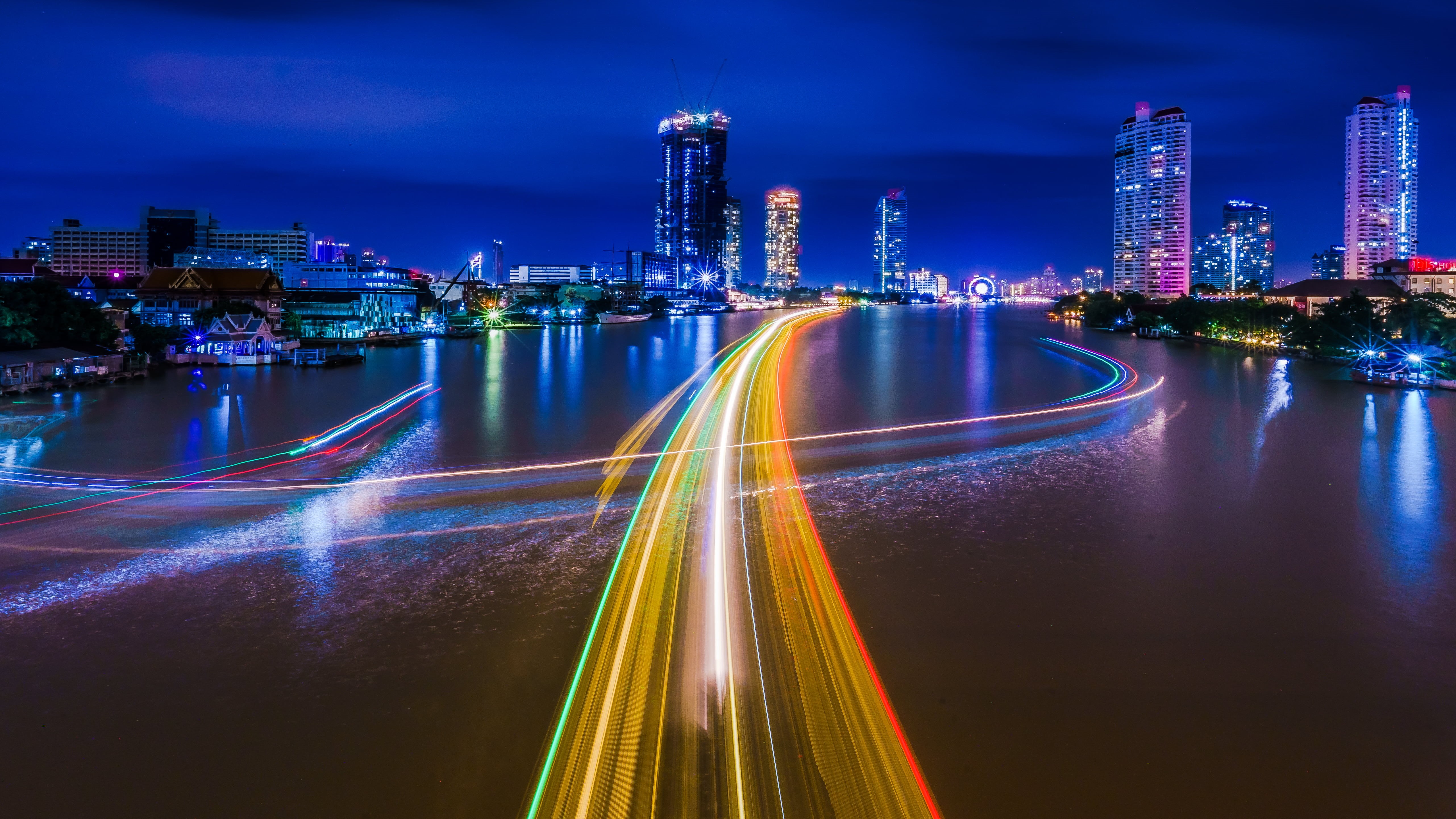 Thai, tower, night  long, skyscraper, river, ZA, FE, ILCE-7M2, long exposure, city, Chao Phraya River, urban Skyline, at night, F4, asia, OSS, timelapse, HD Wallpaper