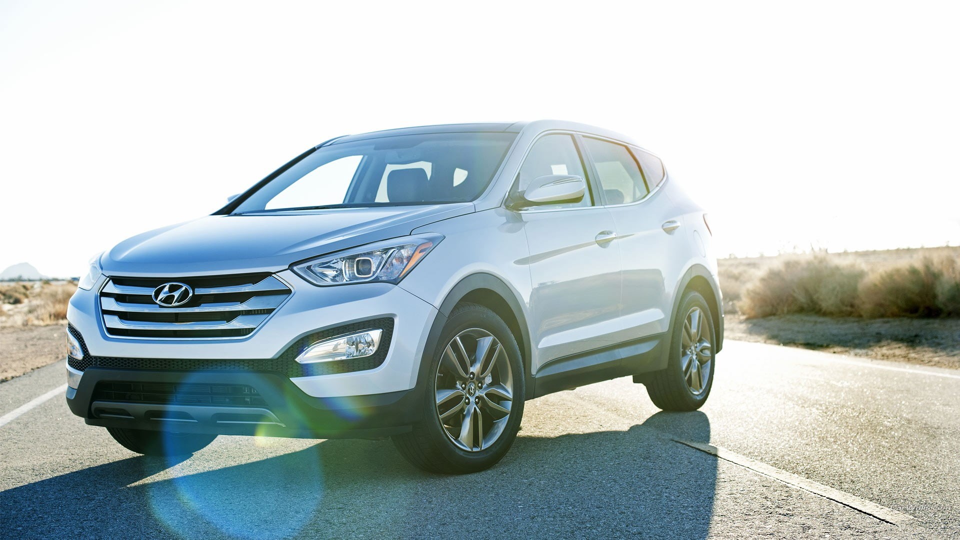 silver cars, suv, 1080P, no people, road trip, vehicle, sunlight, white, on the move, travel, clear sky, nature, street, stationary, Hyundai Santa Fe, HD Wallpaper