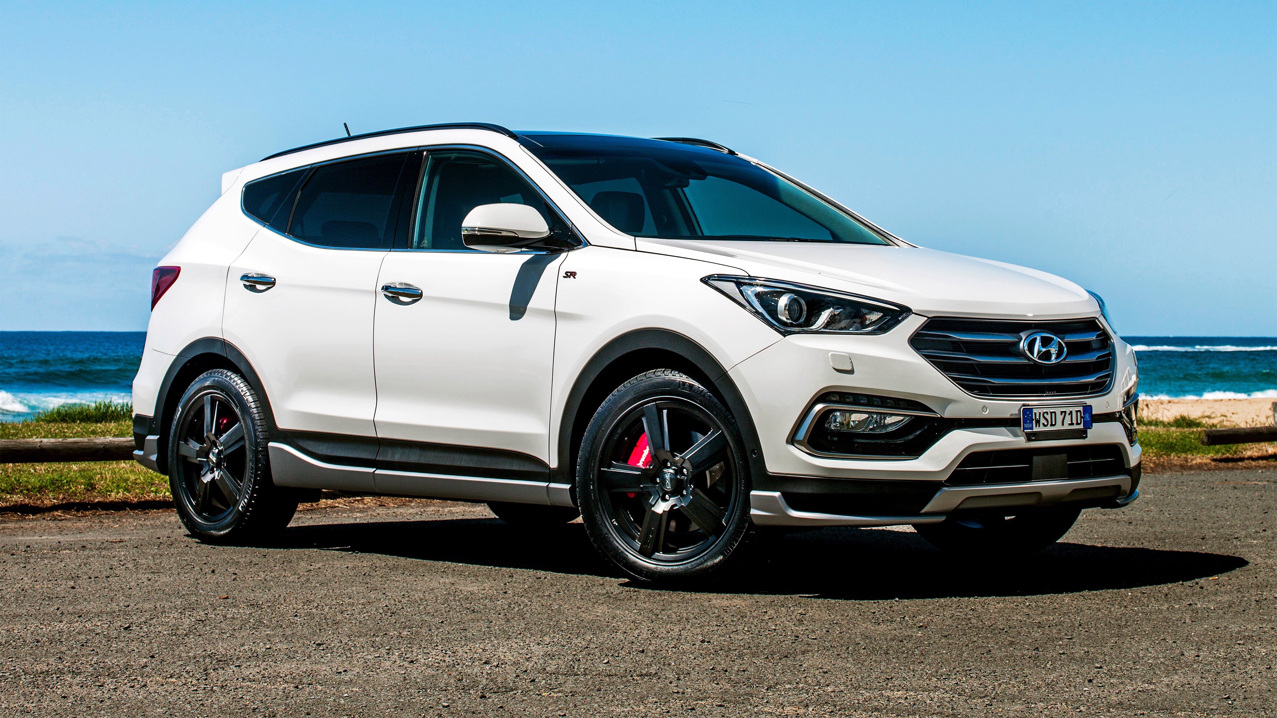 no People, blue, crossover, tire, street, engine, landscape, outdoors, santa fe, city, sky, 4x4, silver colored, luxury, white, transportation, hyundai, HD Wallpaper