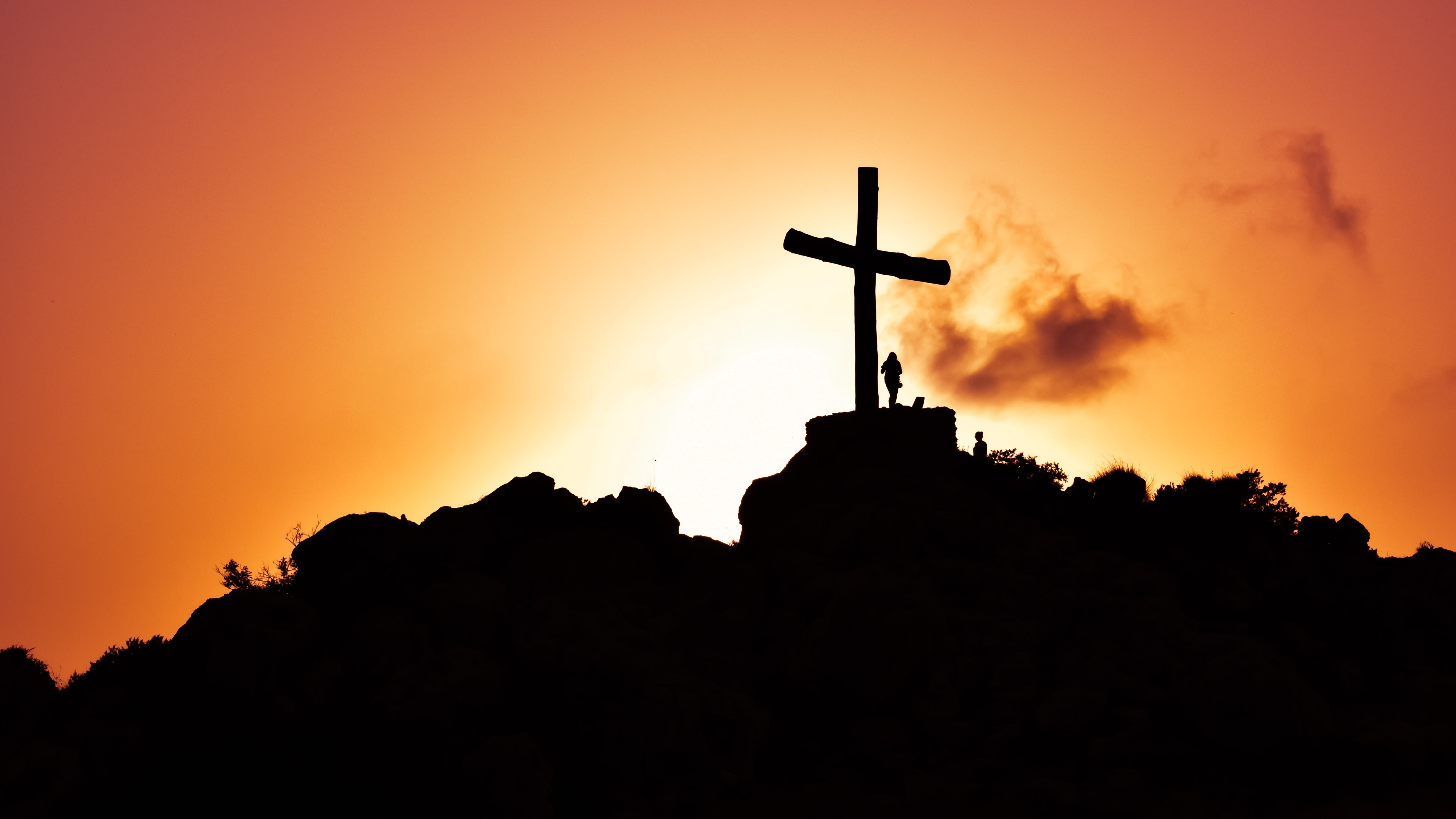 religion, place of worship, Hill, 5K, Silhouette, Sunset, spirituality, Jesus Christ, no people, orange color, outdoors, low angle view, Cross, nature, HD Wallpaper