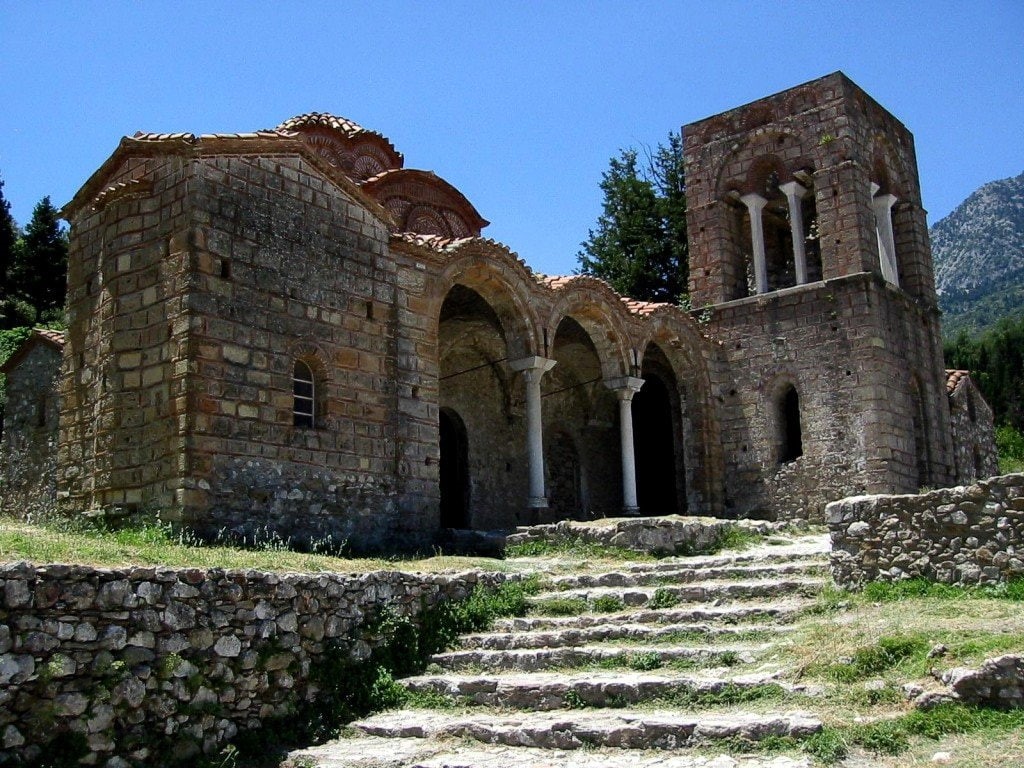 pillars, blue, architecture, hd, art, 480P, steps, old, mystras, Church, blue sky, tower, greece, sky, religious, square, HD Wallpaper