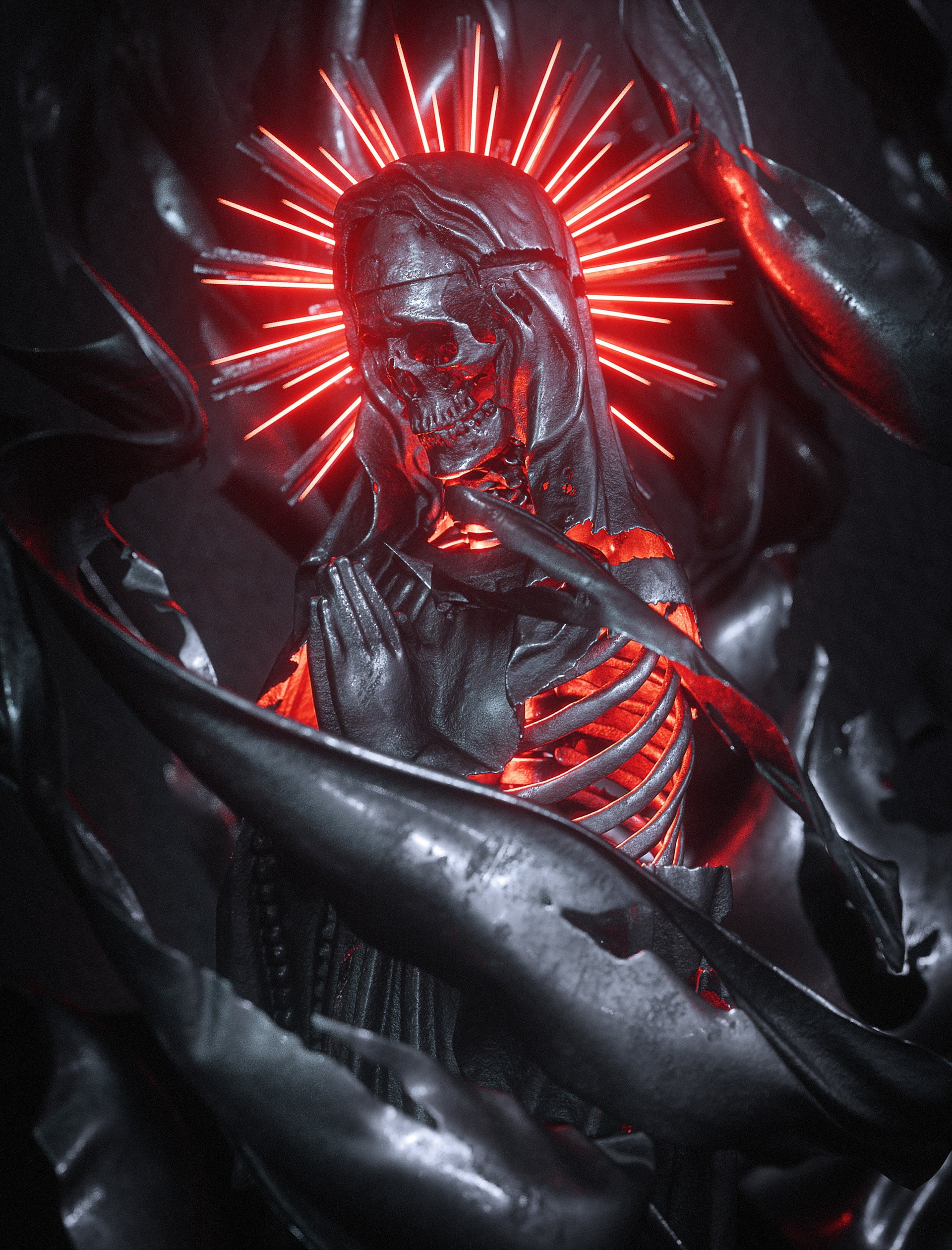 dark, billelis, skull, cult, artwork, digital, 1080P, 3D, religion, Phone HD Wallpaper