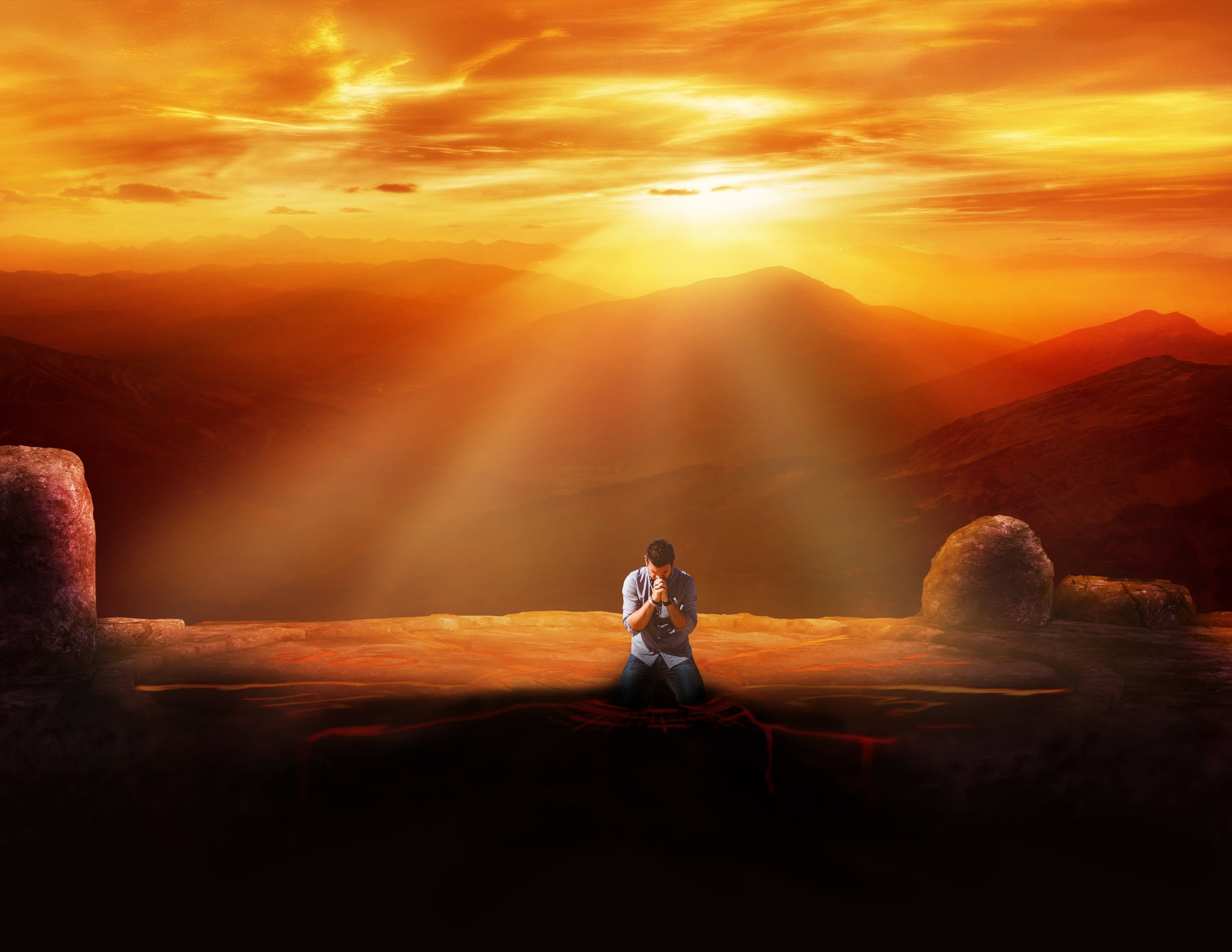 adult, leisure activity, real people, man, sunbeam, scenics - nature, sunset, lens flare, one person, sun, young adult, tranquility, rear view, 2K, orange color, HD Wallpaper