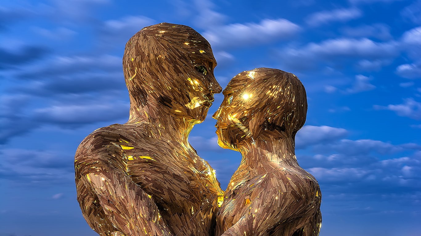 720P, digital/artwork, brass, statue, hd, lights, two, wood, people, HD Wallpaper