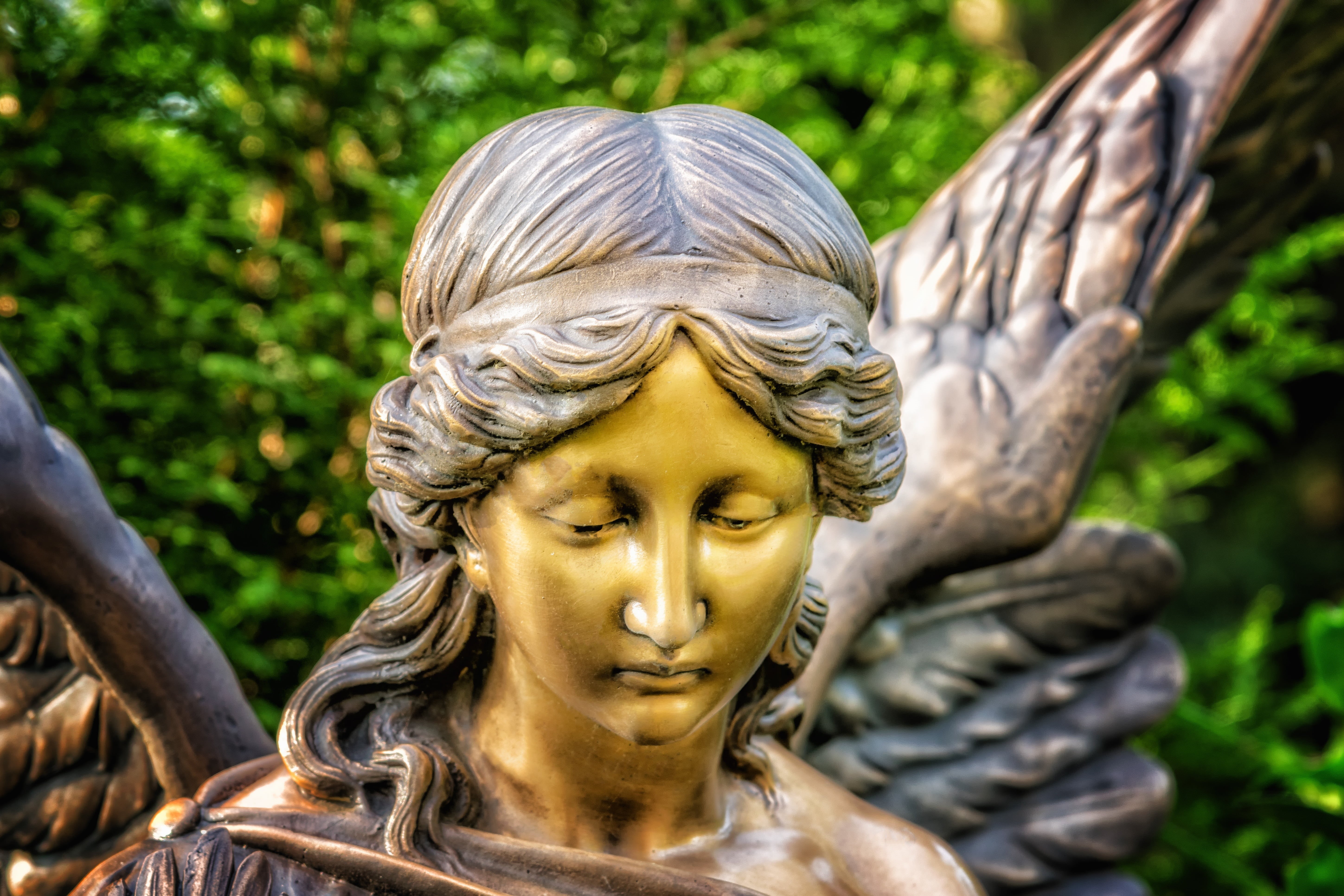 face, symbol, nature, human representation, art and craft, mourning, close-up, craft, sculpture, wing, representation, spiritual, bronze, male likeness, HD Wallpaper