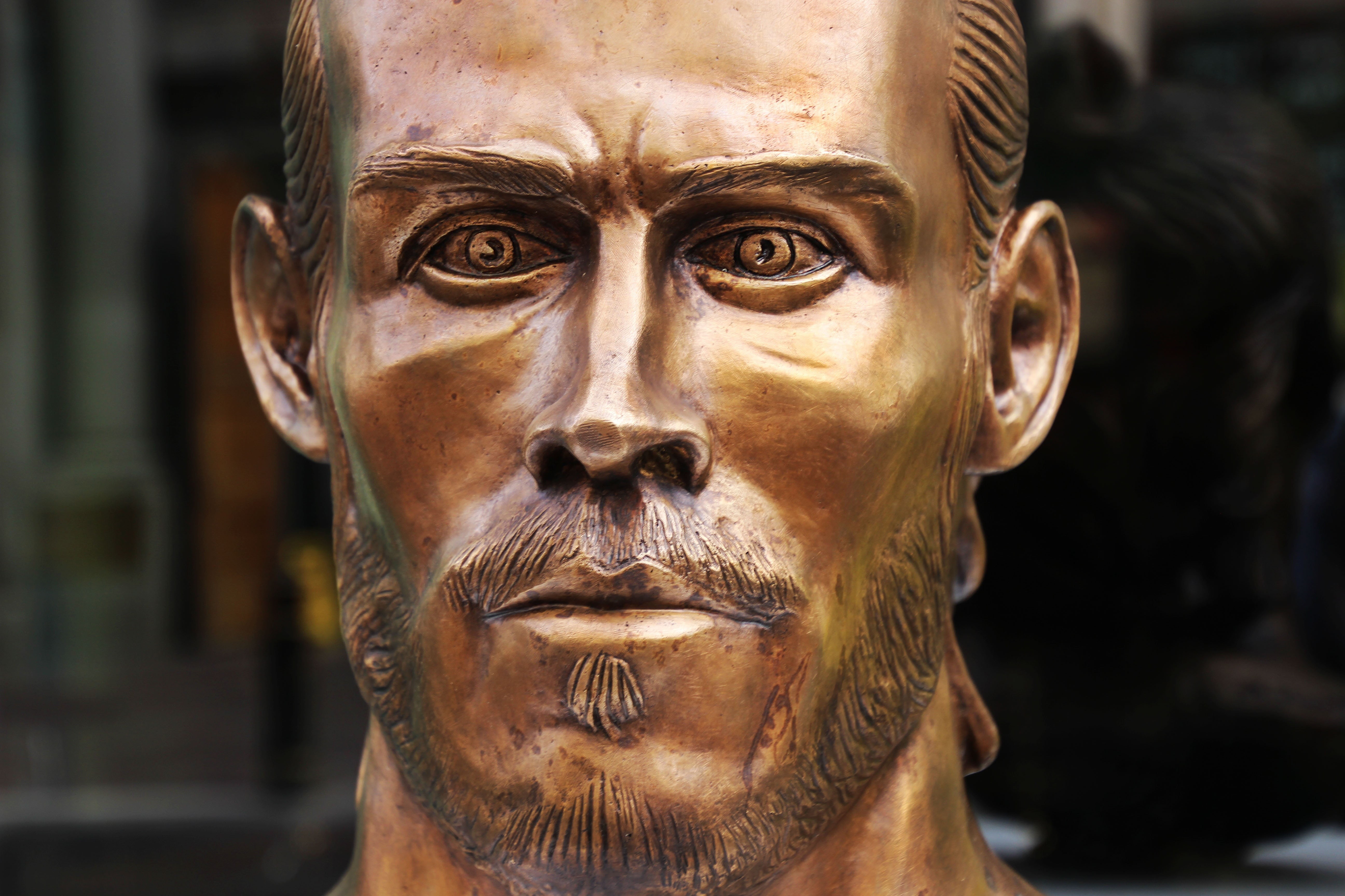 body part, close-up, sport, creativity, football, game, footballer, gold, headshot, focus on foreground, mustache, champion, human body part, cristiano ronaldos sculpture, HD Wallpaper