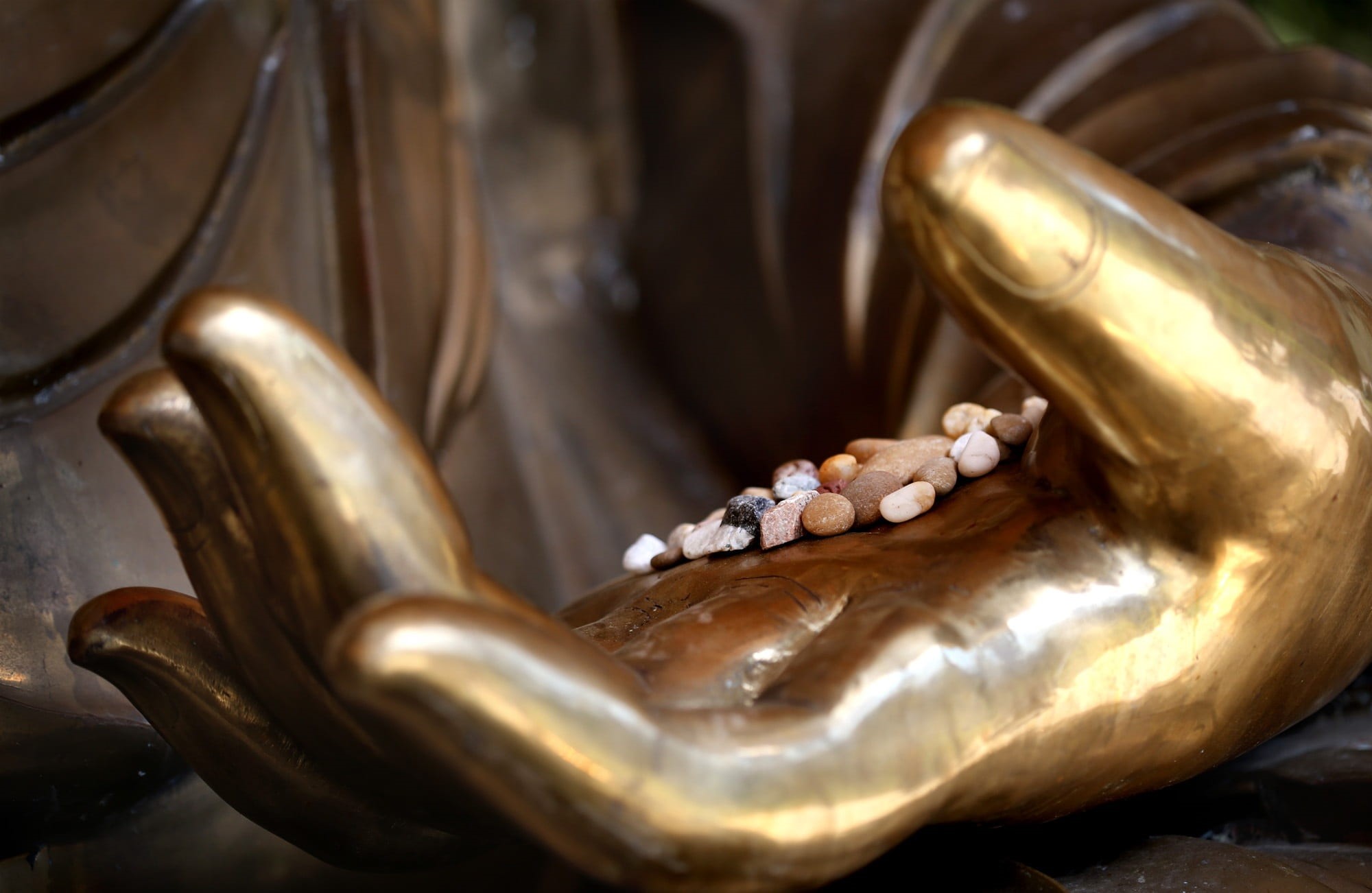 buddha, wind instrument, hand, musical instrument, meditation, human representation, selective focus, religion, close-up, craft, gold, sculpture, representation, HD Wallpaper