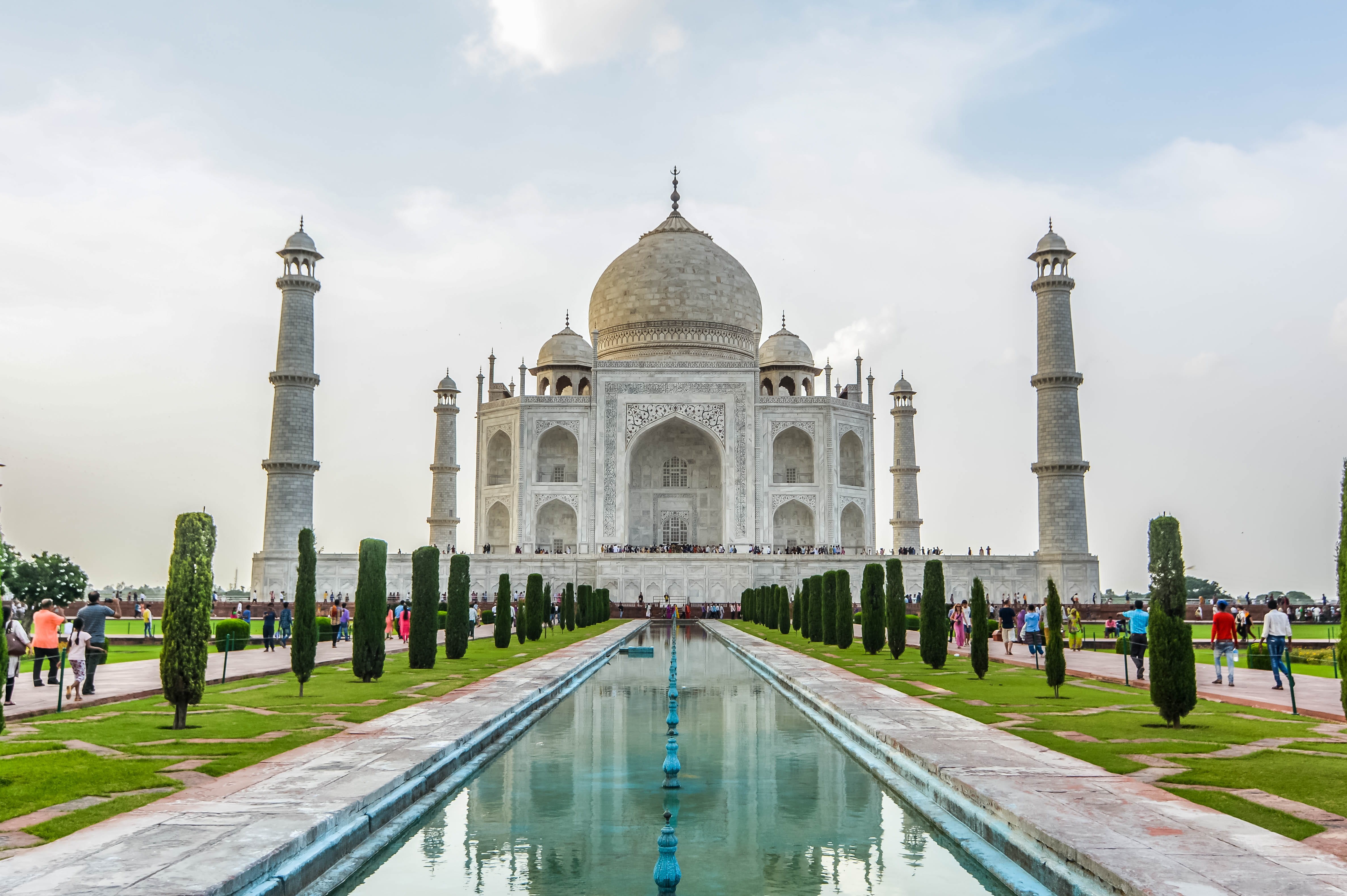 taj mahal, incidental people, nature, agra, memorial, clouds, history, the past, lake, mahal, temple, trees, columns, outdoors, architecture, pond, dome, HD Wallpaper