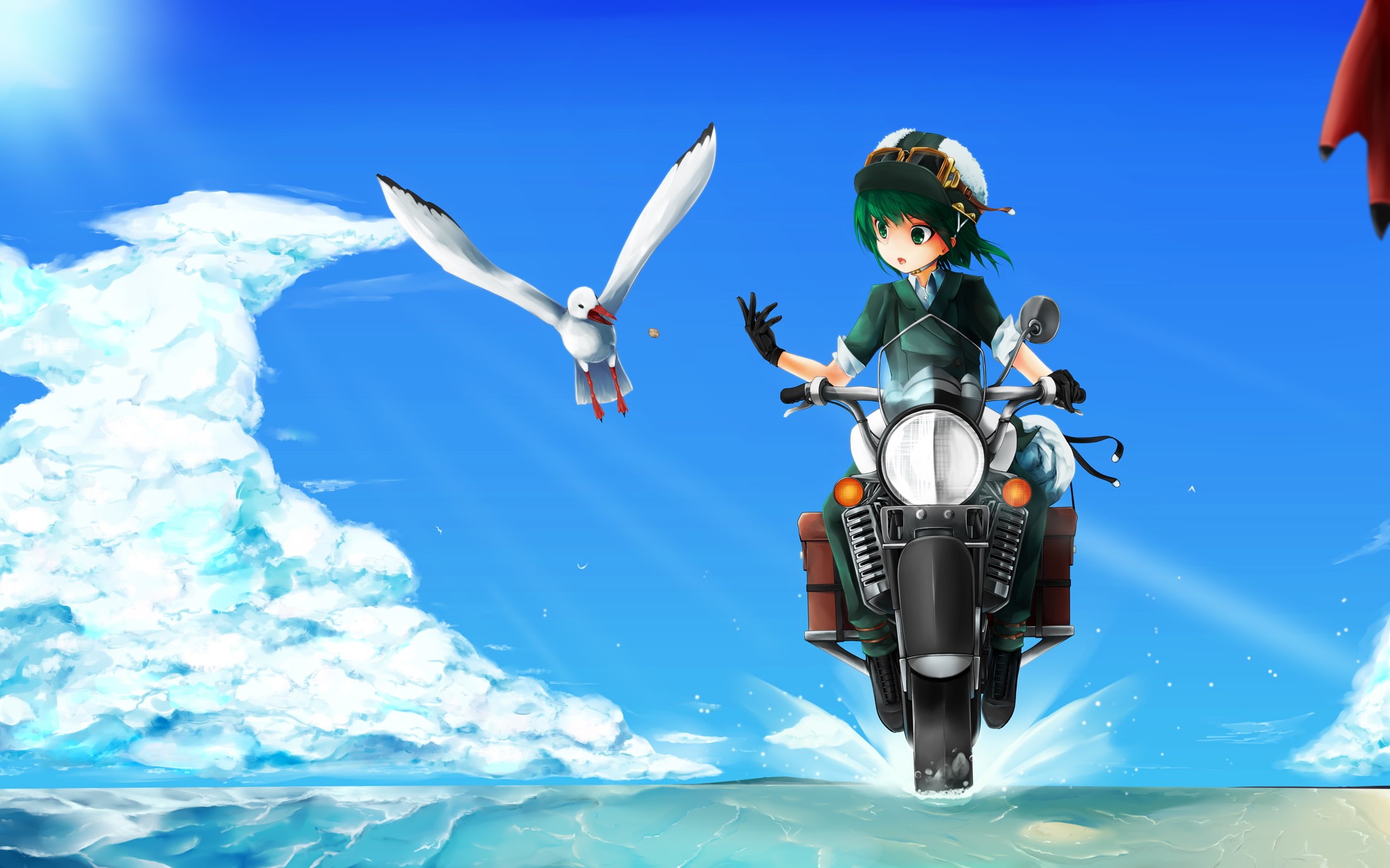 goggles, green, short, hat, animal, hair, kino, gloves, 1080P, ilis, bird, eyes, motorcycle, tabi, clouds, sky, HD Wallpaper