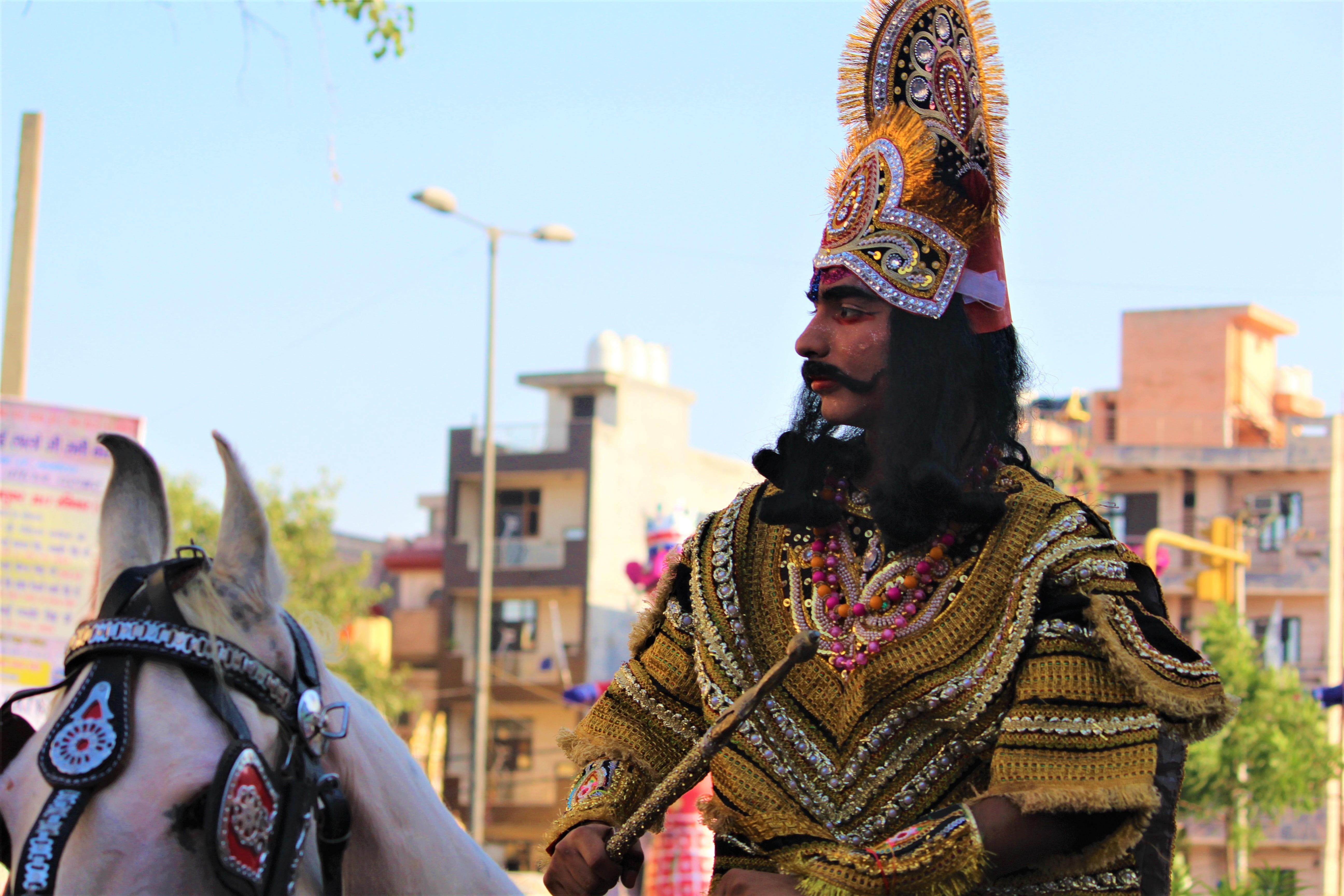 traditional, medieval, deity, architecture, dusshera, indian, avatar, man, moustache, holy, standing, soldier, war, hindu, real people, incidental people, HD Wallpaper