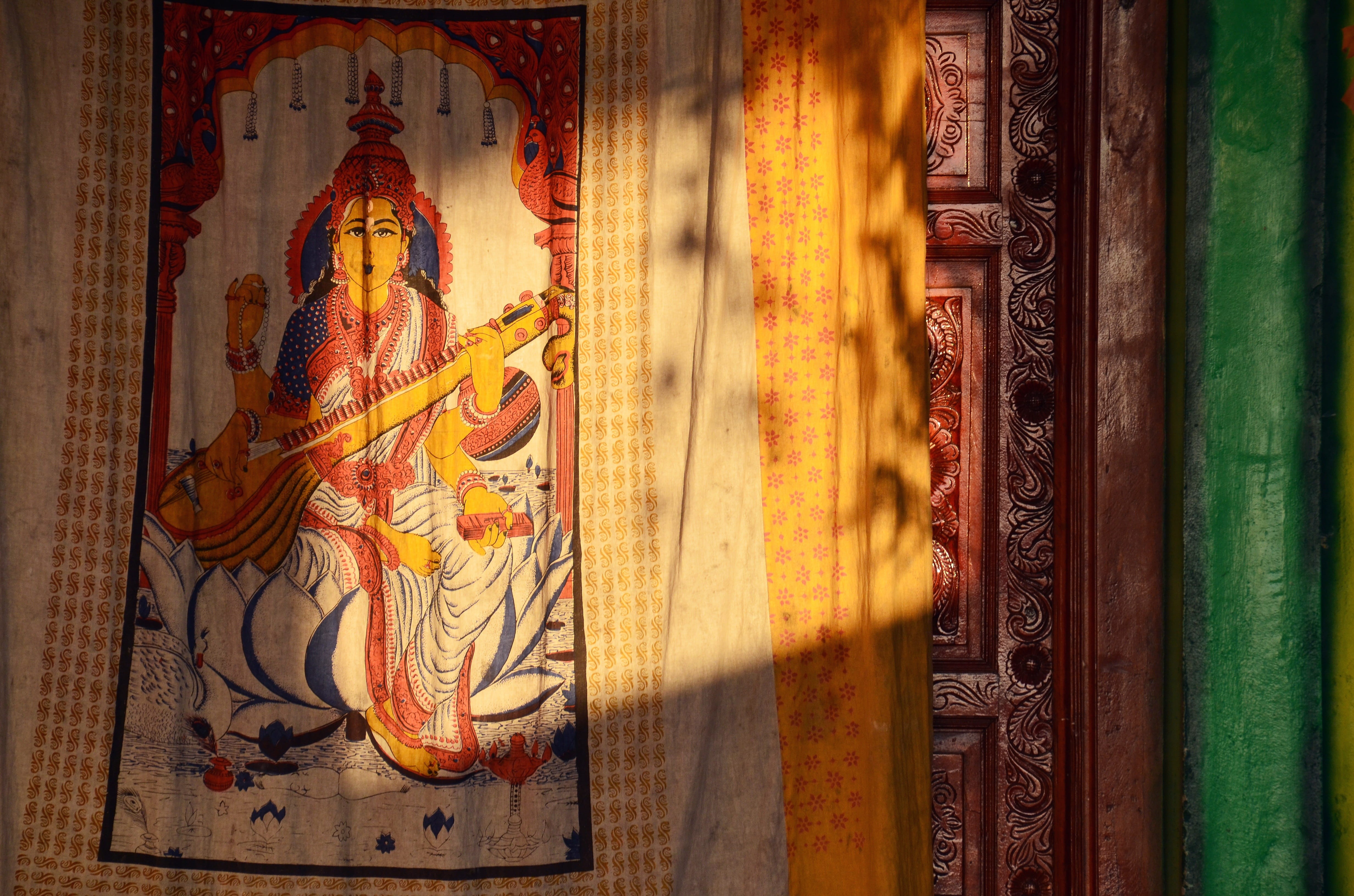 mural, no people, harmony, statue, building, 4K, sculpture, indoors, sunlight, place of worship, sarasvati, holy, loud, human representation, representation, HD Wallpaper