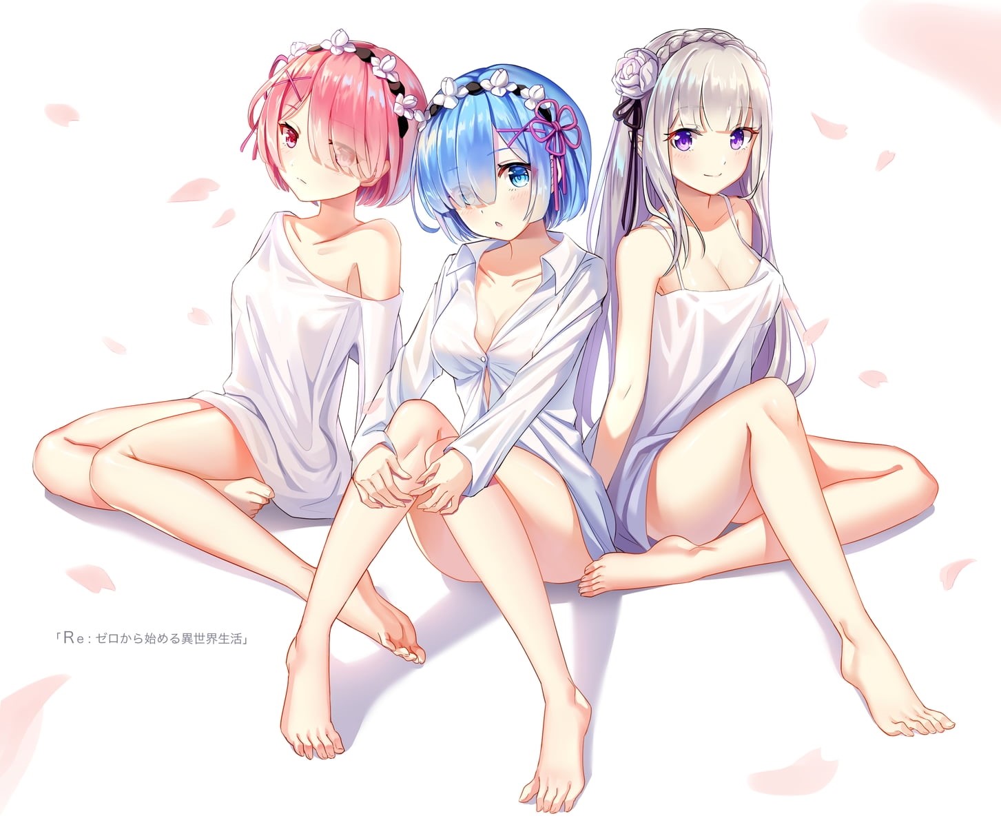pink hair, red eyes, 720P, white hair, purple eyes, Rem (Re: Zero), barefoot, Re:Zero Kara Hajimeru Isekai Seikatsu, Emilia (Re: Zero), blue hair, short hair, HD Wallpaper