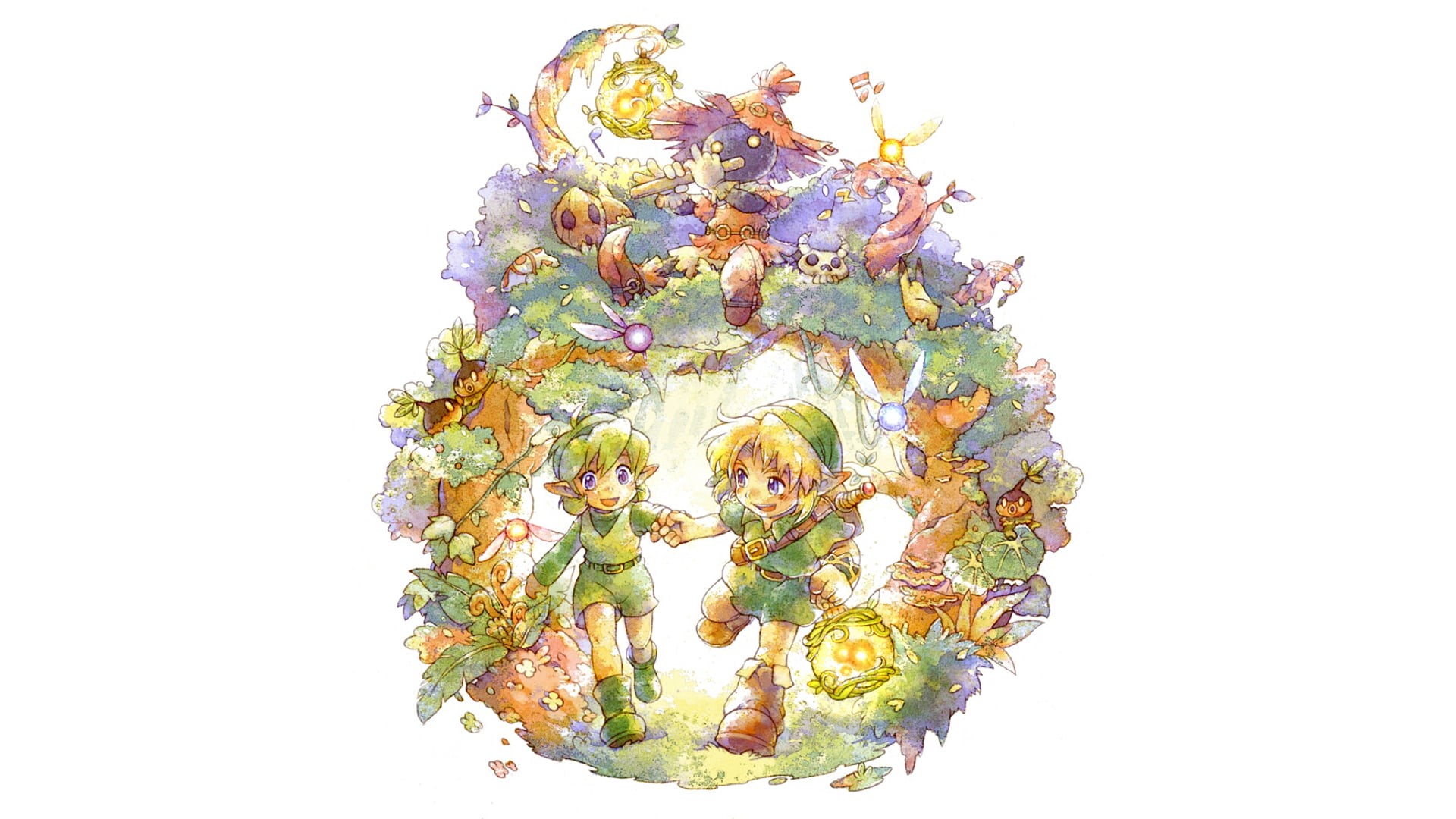 white background, Link, The Legend of Zelda, anime, watercolor, skull kid, 1080P, Lost Woods, Saria, HD Wallpaper