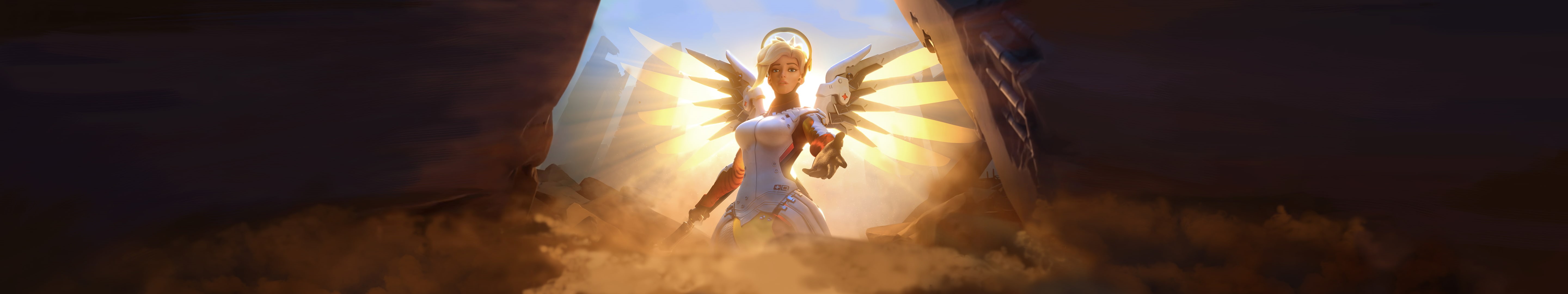 5K, Overwatch, ultrawide, triple screen, Mercy (Overwatch), HD Wallpaper