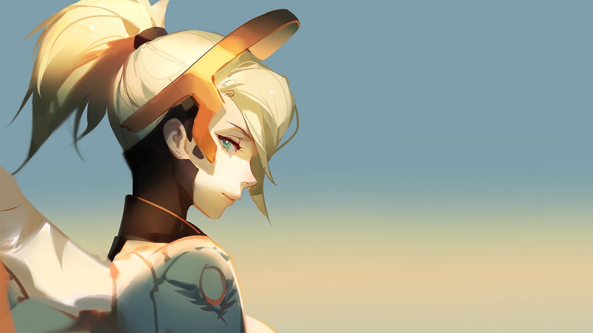 women, girl, yellow, Mercy (Overwatch), outdoors, nature, beauty, 1080P, side view, Overwatch, lifestyles, anime, looking, adult, character, clothing, HD Wallpaper