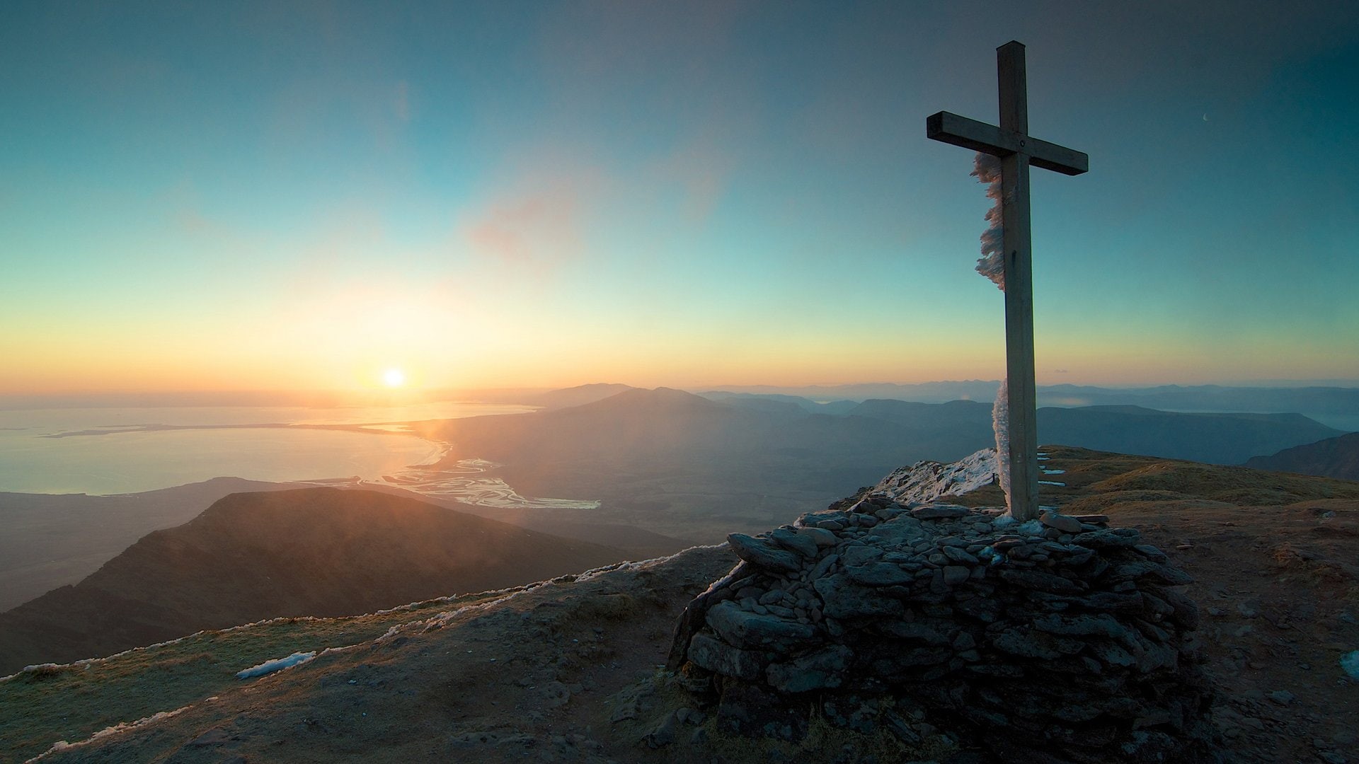 mountains, sunset, 1080P, cross, catholic, sky, landscape, nature, HD Wallpaper