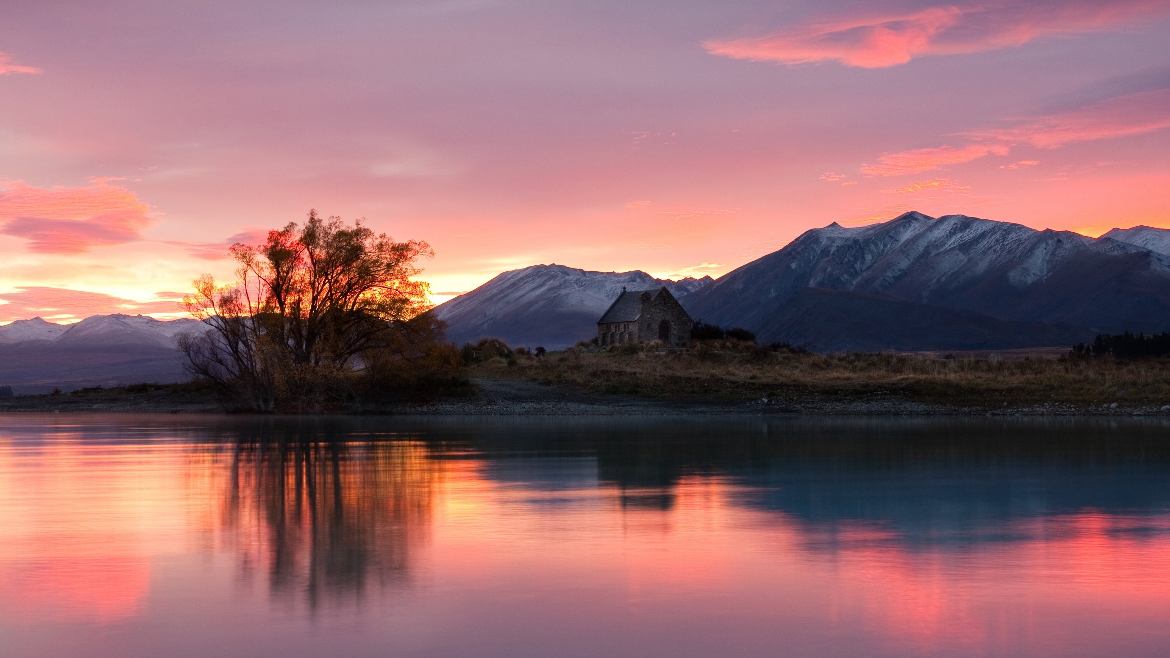 lake, chapel, mountain, 4K, old church, landscape, purple landscape, good shepherd, church of the good shepherd, sky, church, new zealand, lake tekapo, HD Wallpaper