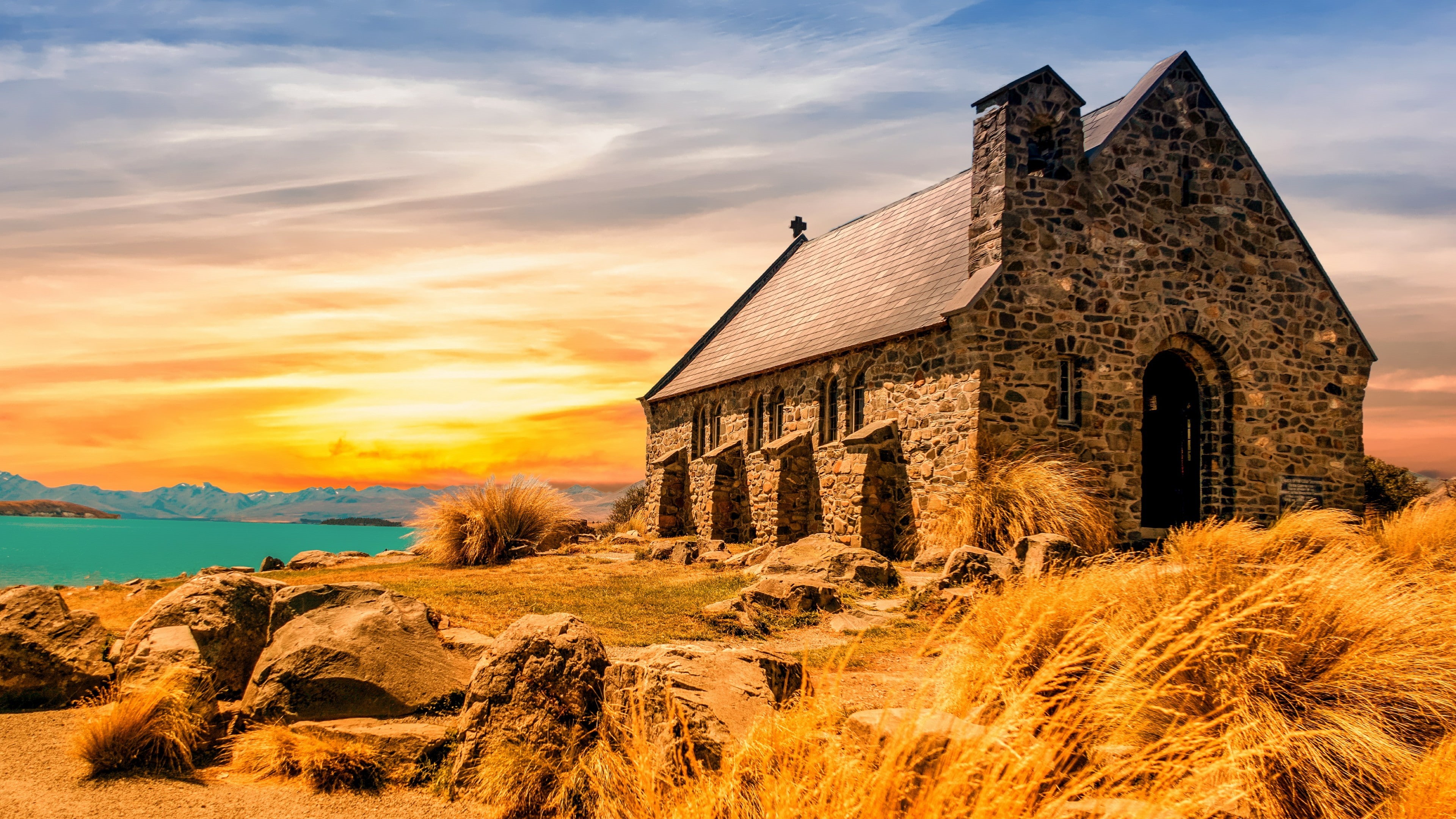 historic site, church, church of the good shepherd, field, sunlight, cloud, 4K, dawn, lake tekapo, morning, lake, new zealand, landscape, sky, rock, coast, HD Wallpaper