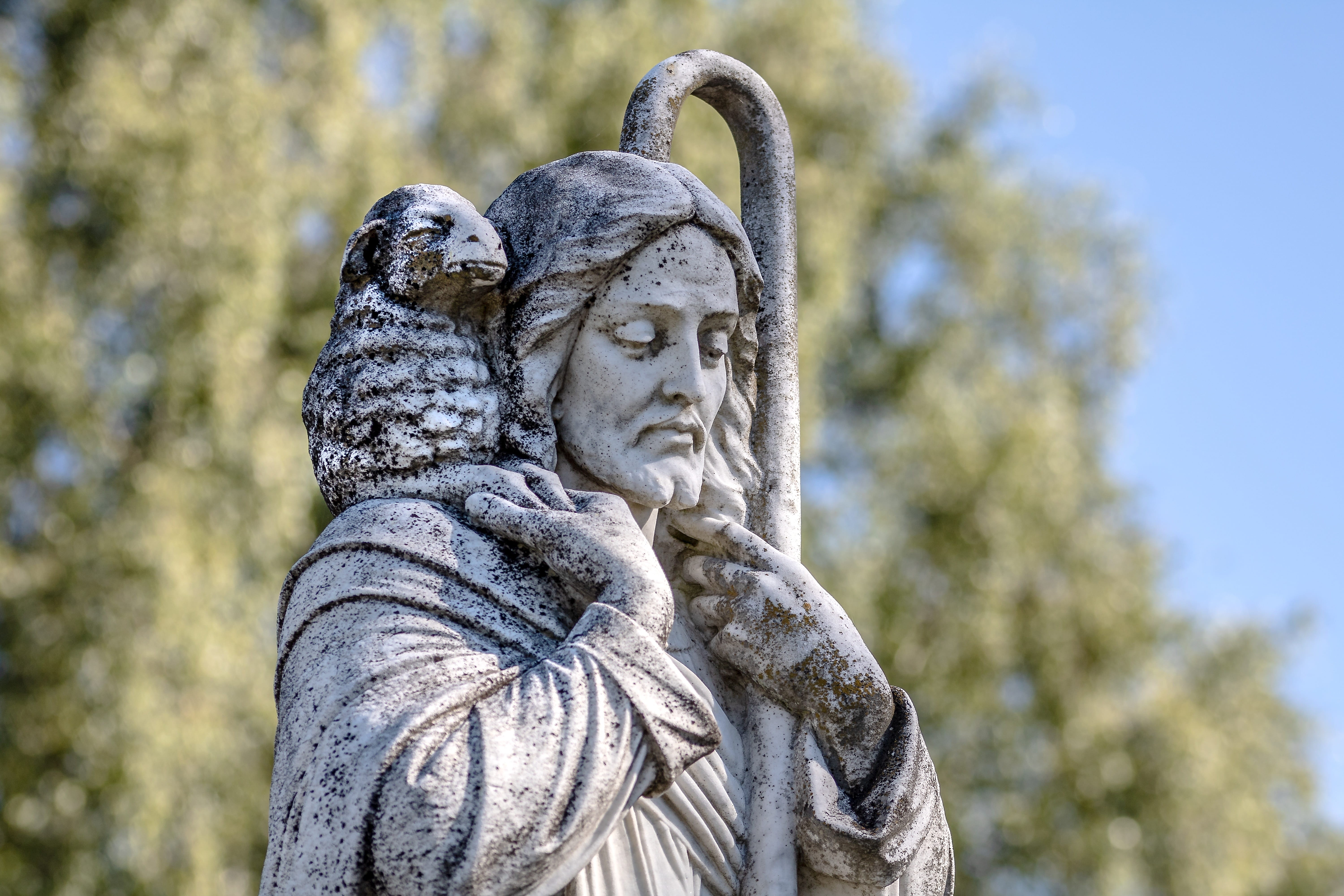 the good shepherd, low angle view, craft, daytime, shepherds staff, creativity, worn, sculpture, cemetery, outdoors, religion, standing, jesus, nature, HD Wallpaper
