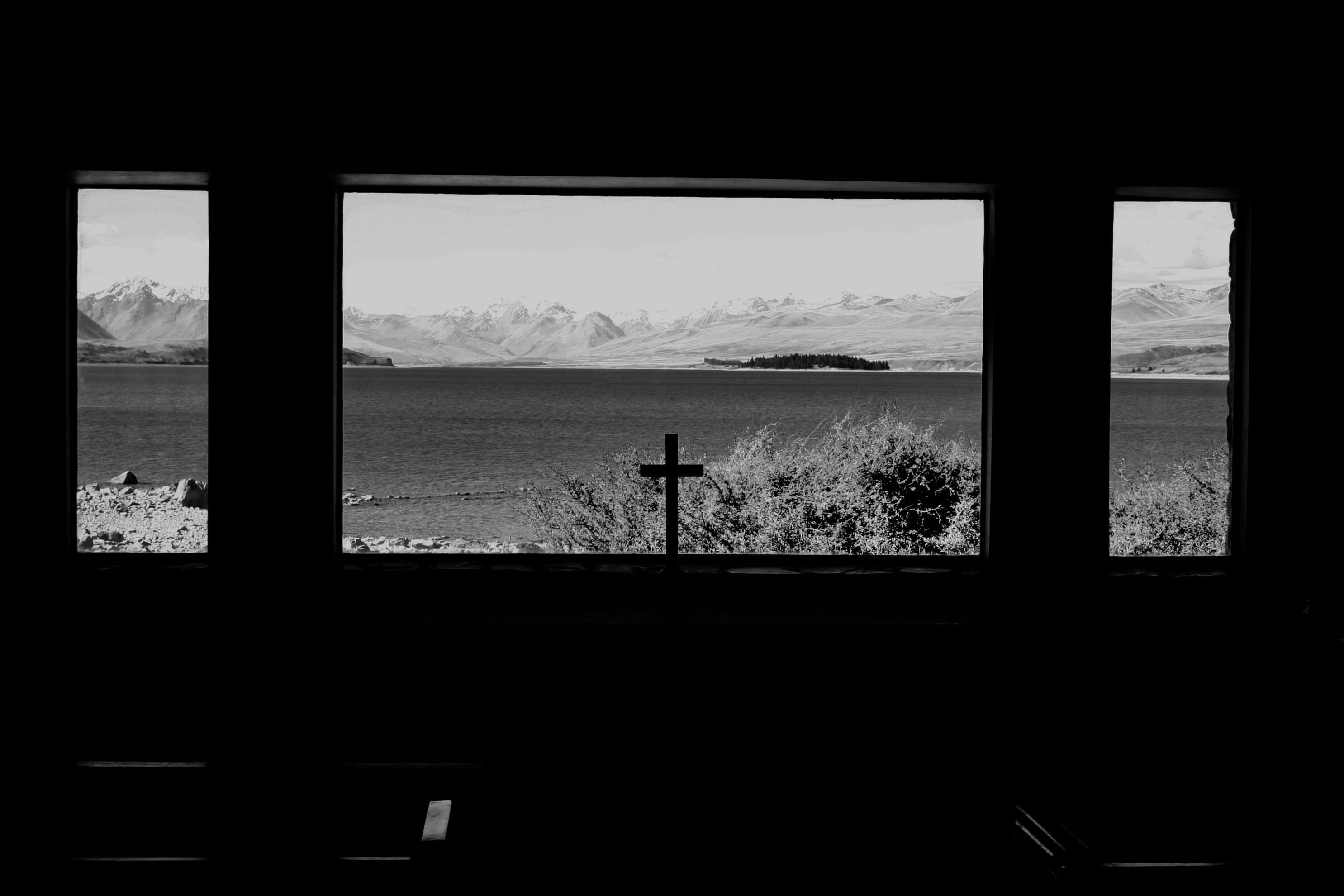 new zealand, spiritual, church, cross, no people, built structure, zealand, nature, church of the good shepherd, cook, sky, architecture, water, mountain, HD Wallpaper