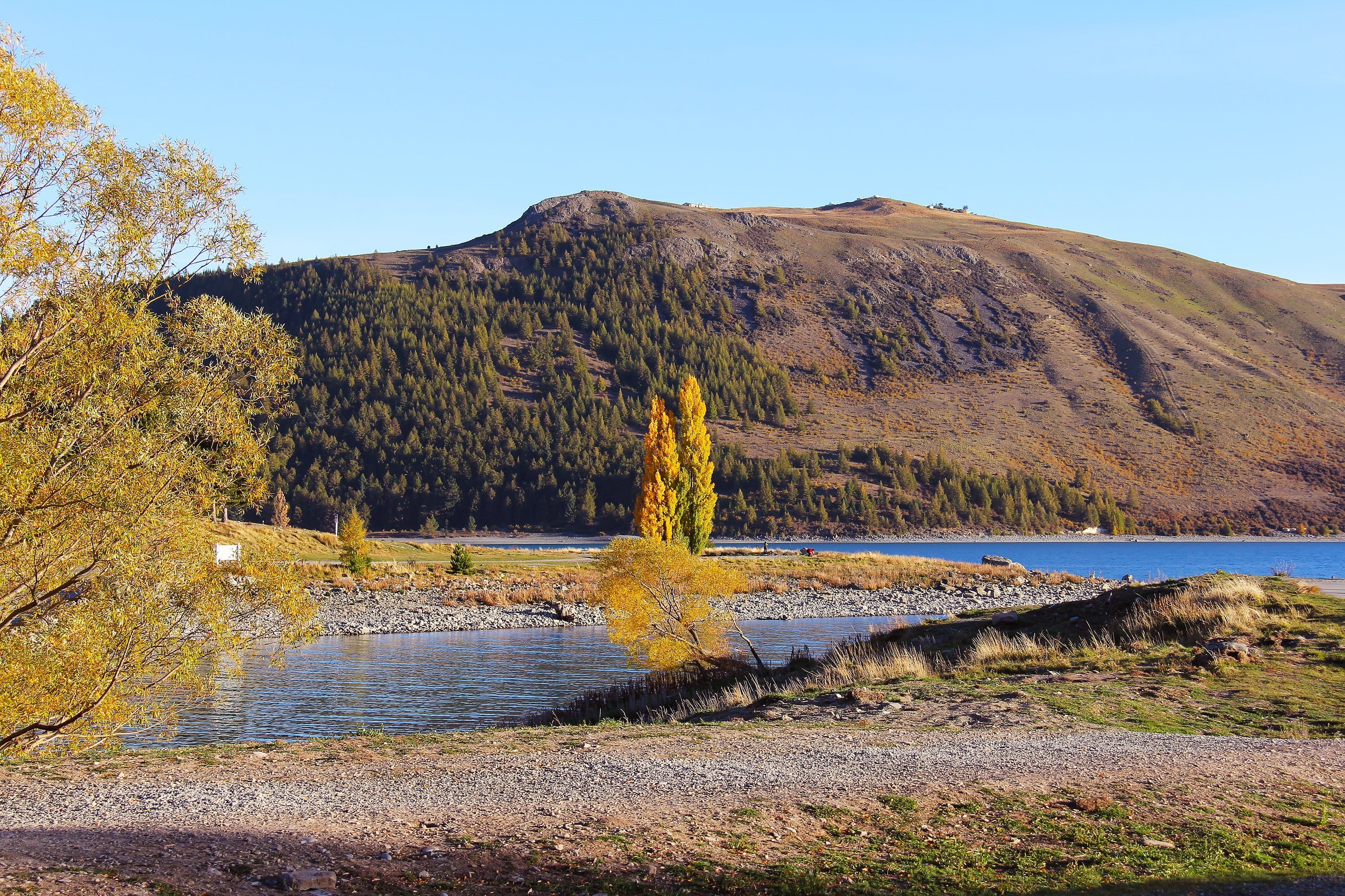 no people, idyllic, non-urban scene, mountain peak, fall, beauty, colorful, landscape, land, lake, cold, clear sky, amazing, scenics - nature, church of the good shepherd, HD Wallpaper