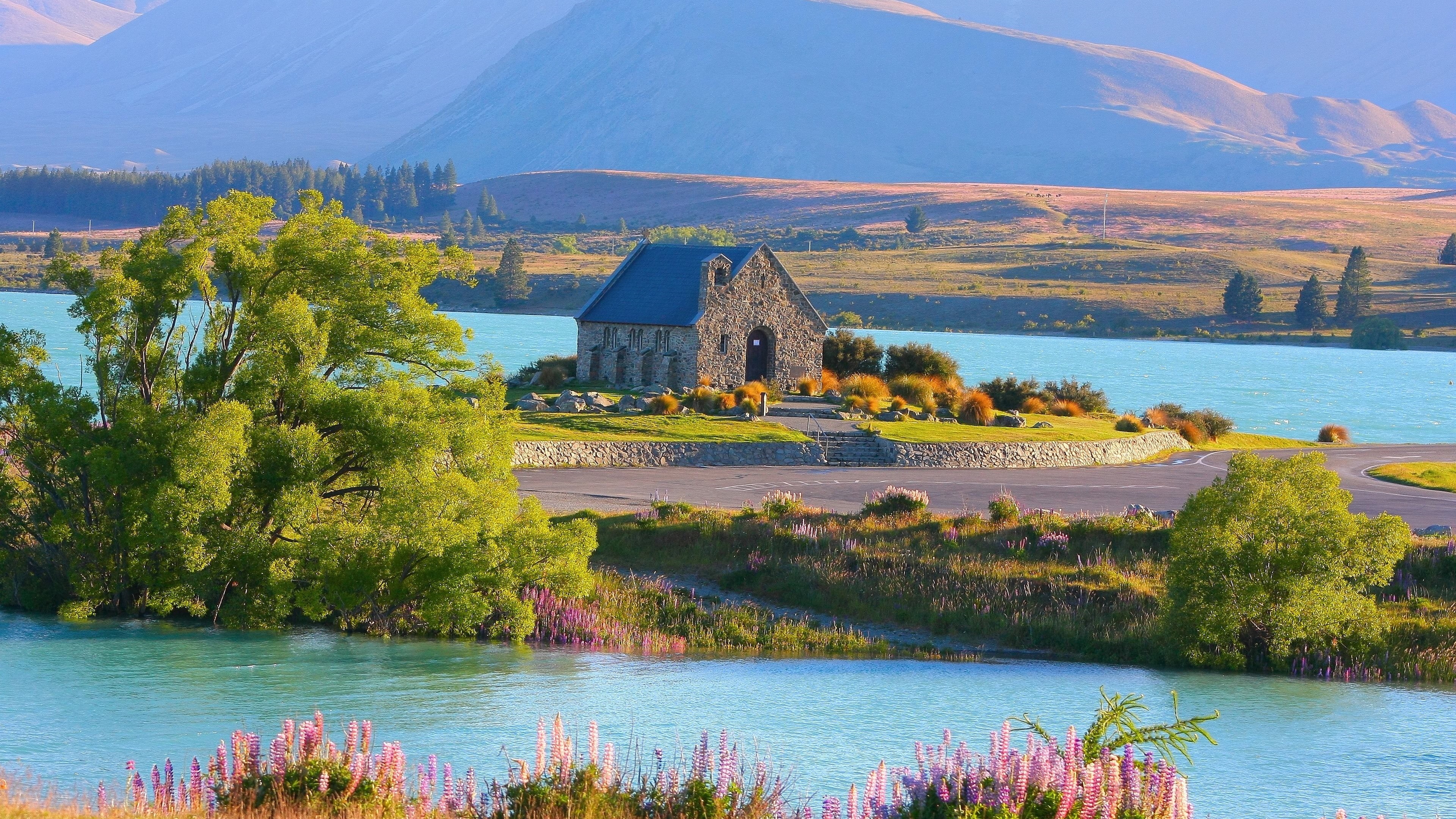travel destinations, no people, tree, nature, building exterior, house, lake tekapo, church, plant, built structure, place of worship, good shepherd, mount scenery, HD Wallpaper