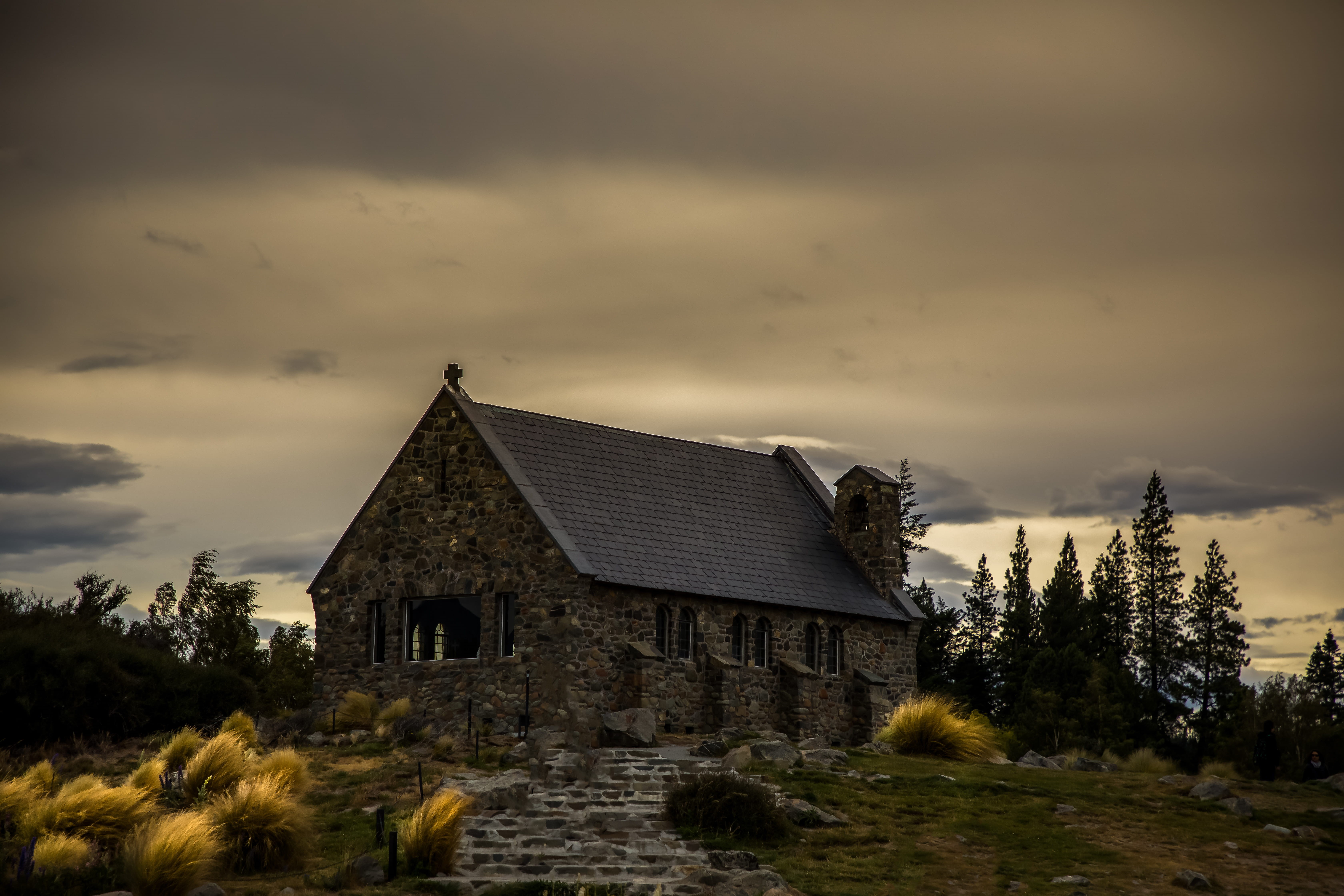 landscape, built structure, destination, new zealand, history, church of the good shepherd, good shepherd, scenics - nature, sunset, 5K, land, building exterior, HD Wallpaper
