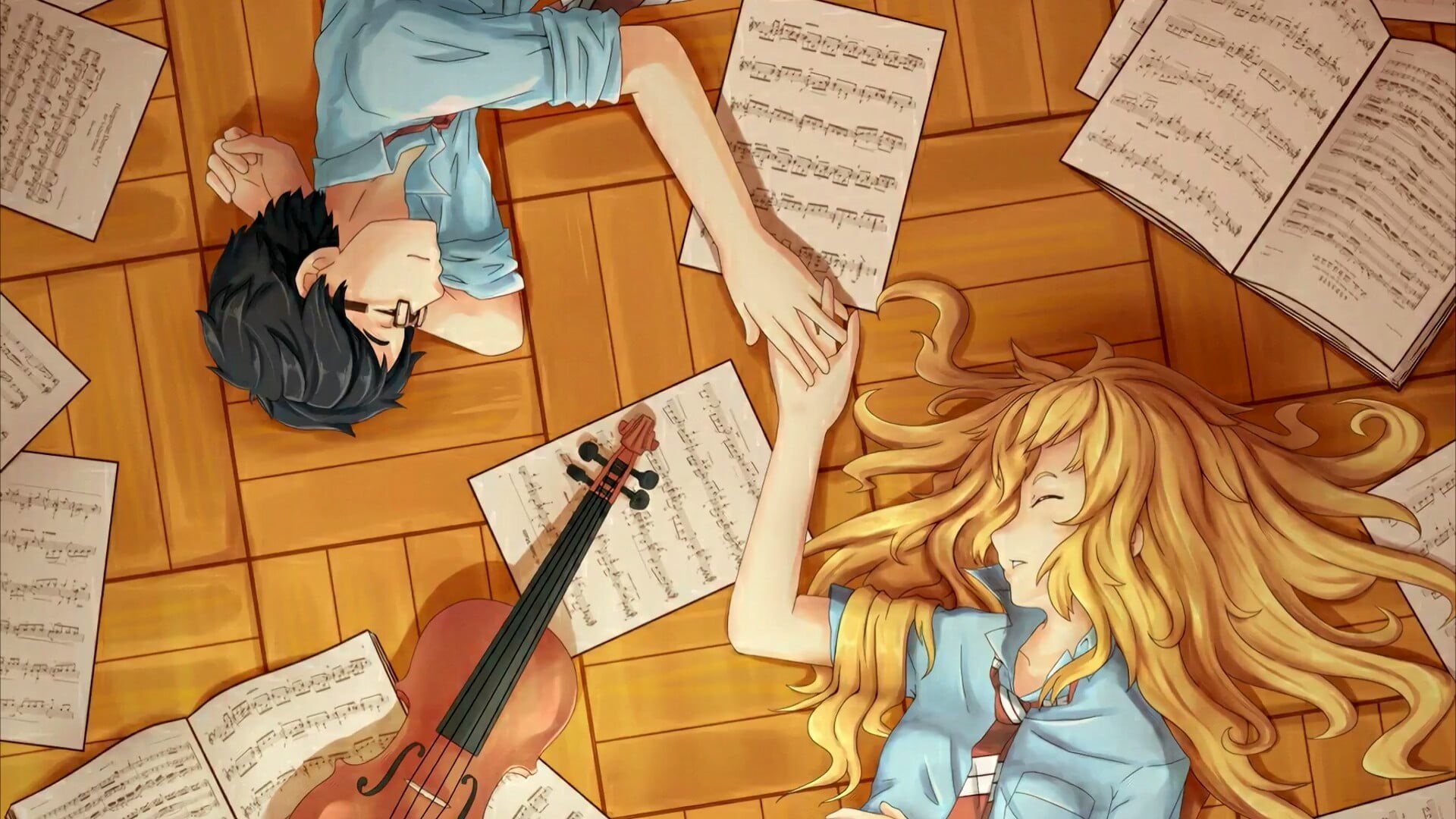 directly above, furniture, table, indoors, music, music sheet, publication, anime art, violin, document, floor, paper, representation, anime girl, text, HD Wallpaper