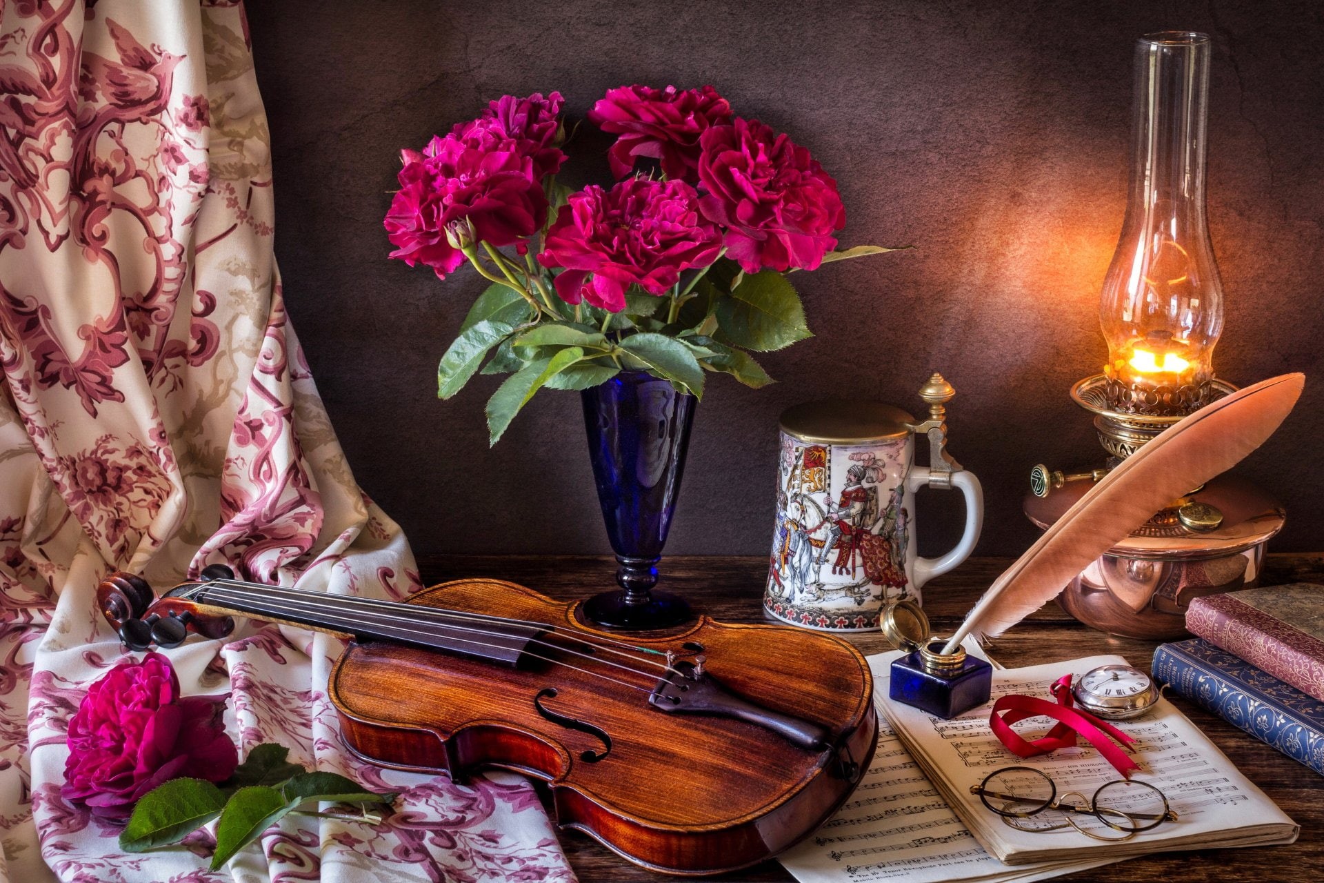 Quill, Stein, 1080P, Glasses, Flower, Still Life, Photography, Sheet Music, Book, Oil Lamp, Violin, HD Wallpaper