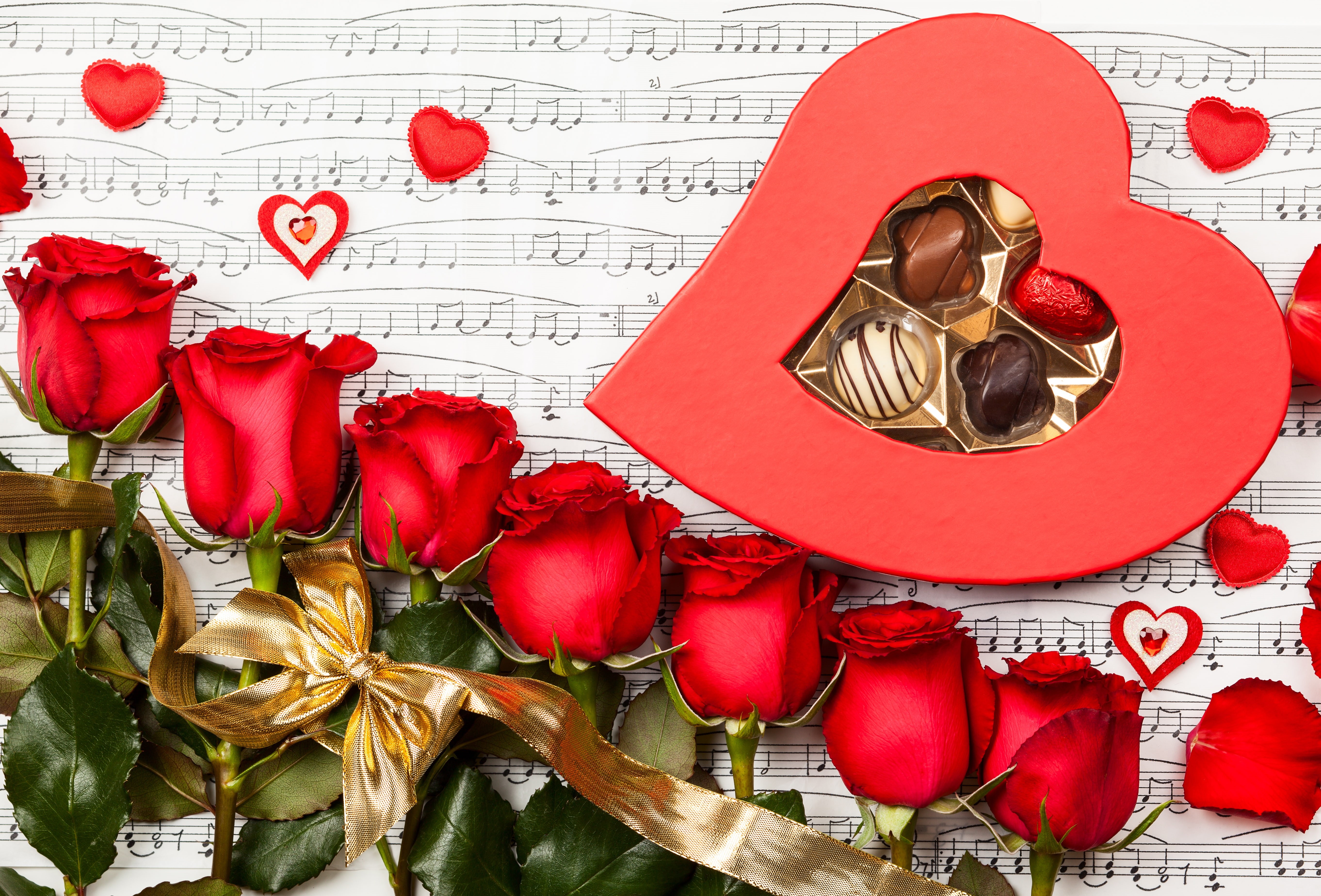 Sheet Music, Heart, Holiday, Ribbon, Chocolate, Valentines Day, Red Rose, Rose, 5K, HD Wallpaper