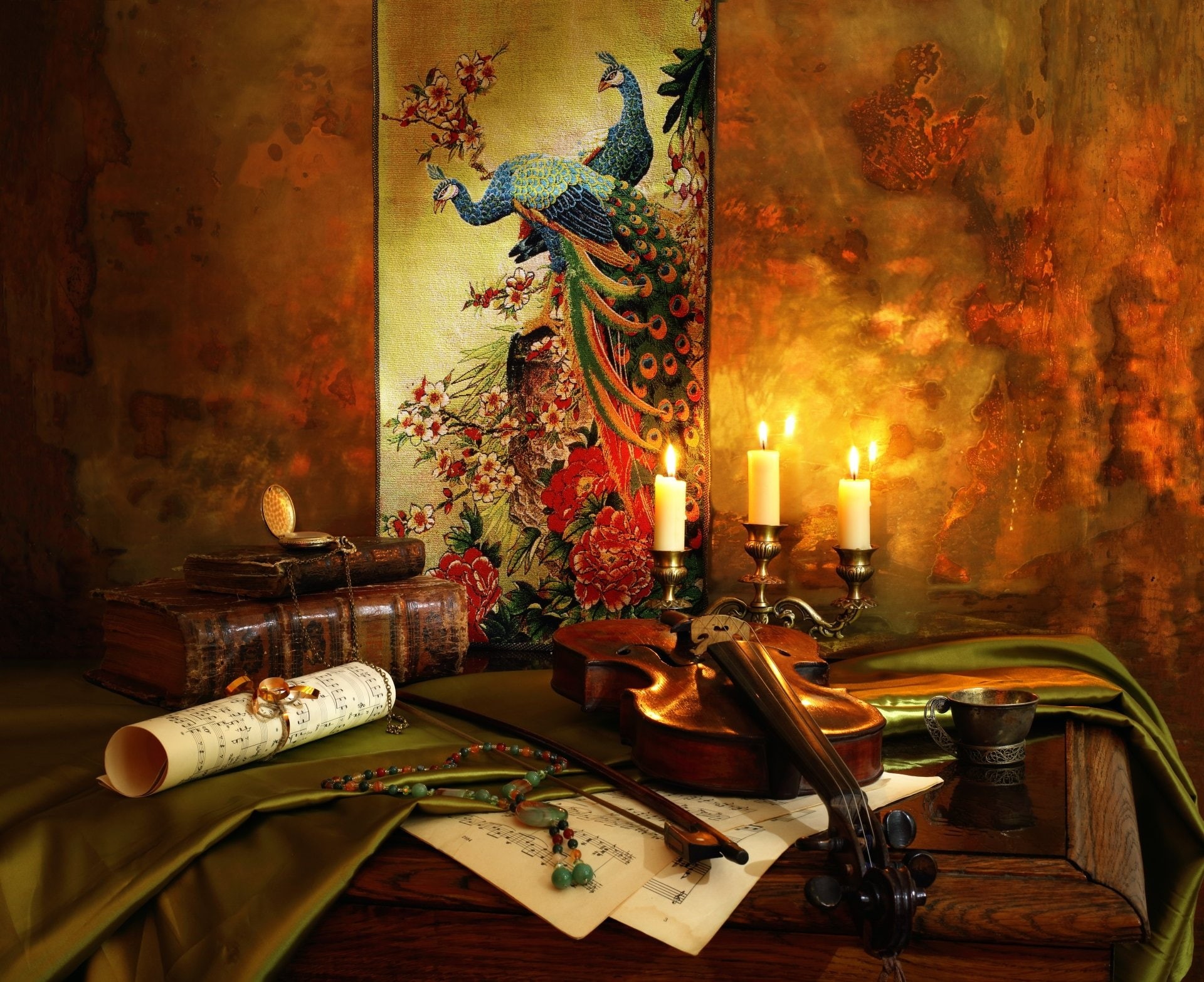 1080P, Photography, Book, Pocket Watch, Violin, Sheet Music, Candle, Still Life, HD Wallpaper