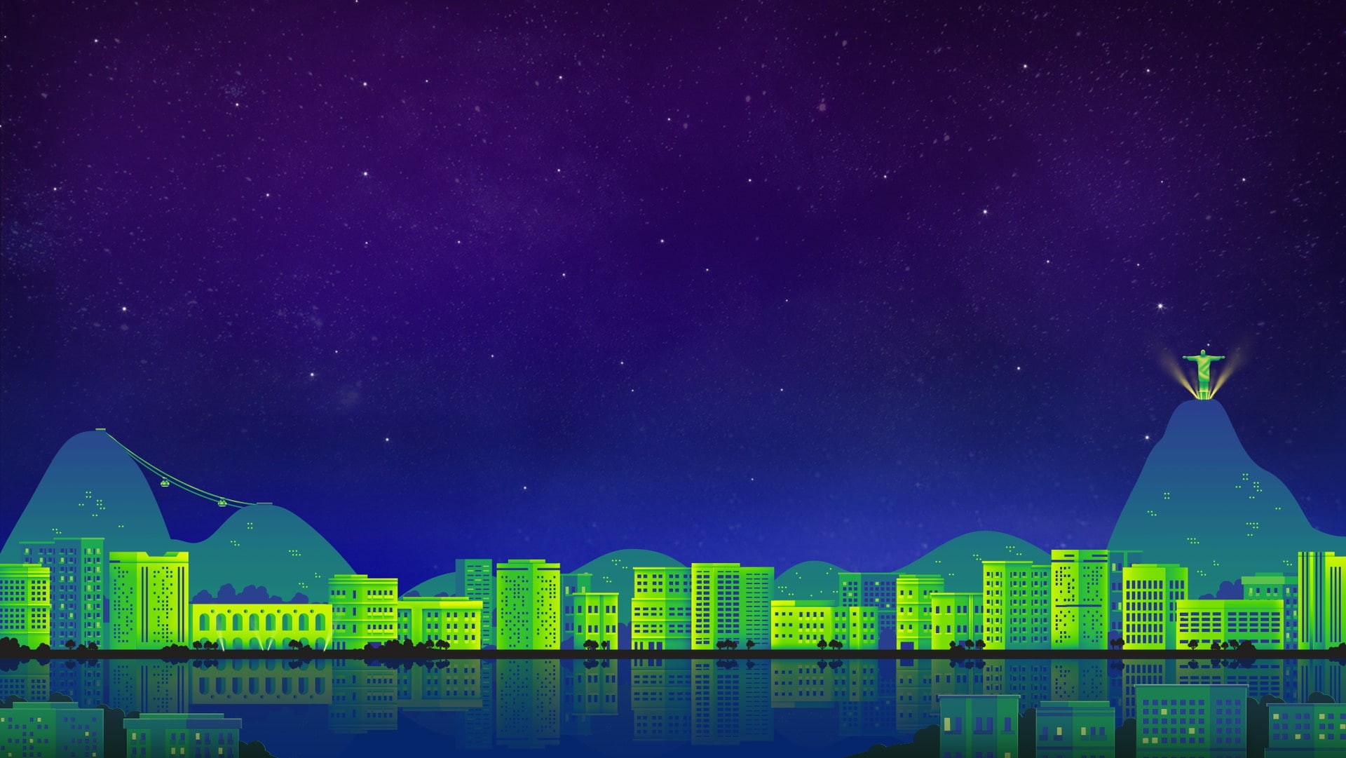 purple, built structure, night, 1080P, cityscape, water, scenics - nature, shape, artwork, beauty in nature, Christ the Redeemer, no people, green color, HD Wallpaper