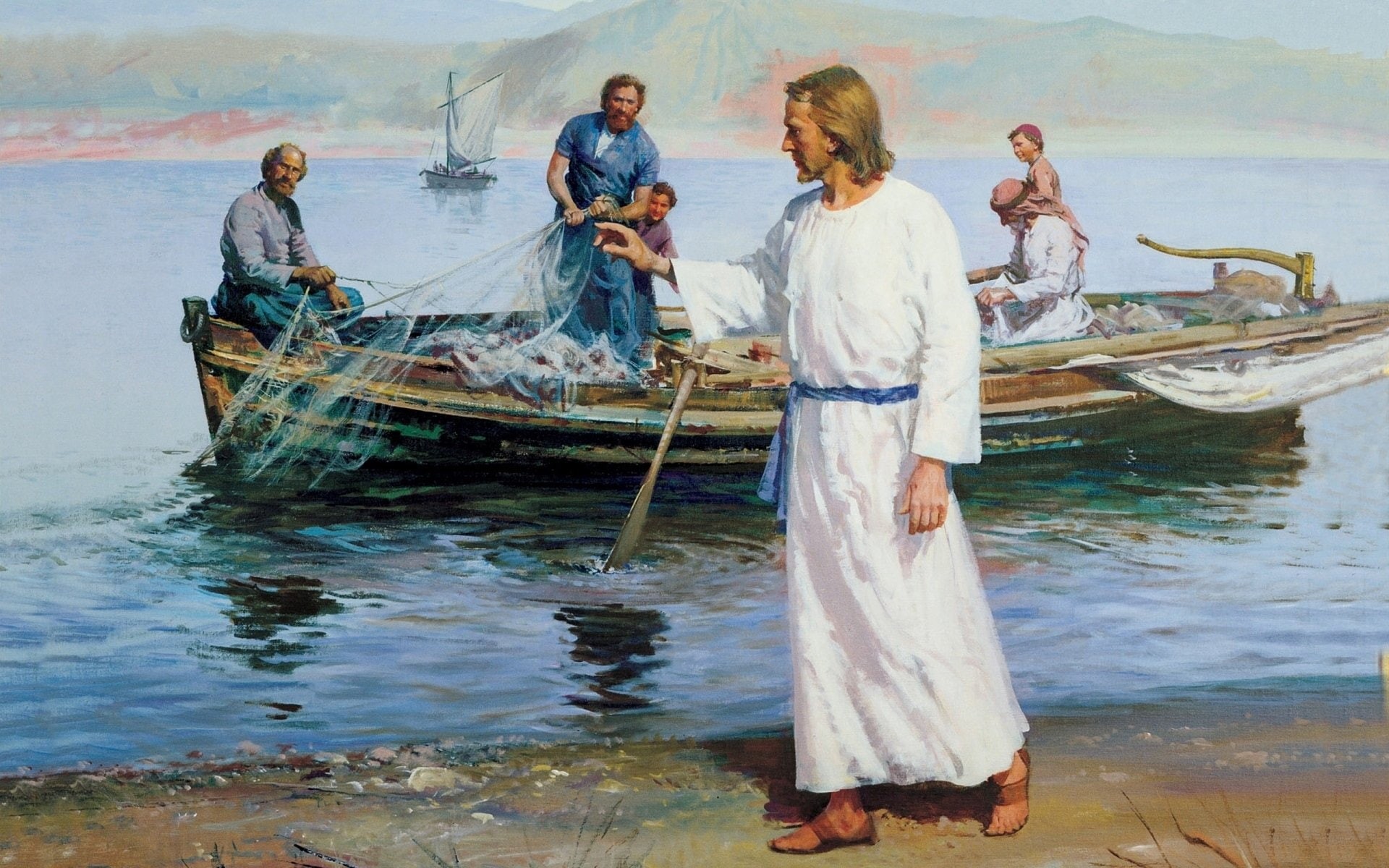 Painting, Boat, 1080P, Sea, Jesus, Religious, People, Water, Religion, HD Wallpaper