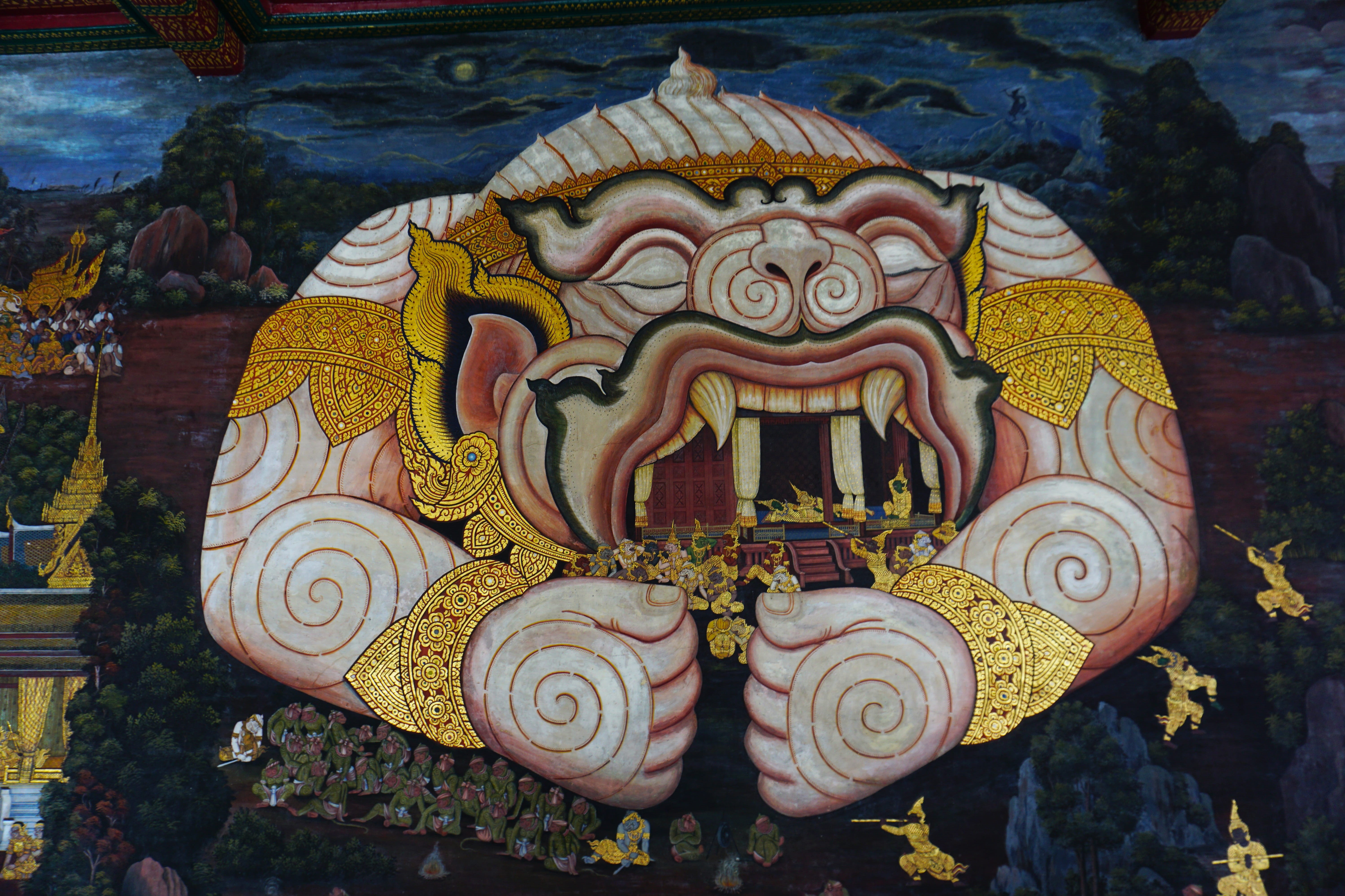 bangkok, ornate, creativity, representation, no people, spirituality, day, temple, mural, wat phra kaew, male likeness, sculpture, building, art, built structure, HD Wallpaper